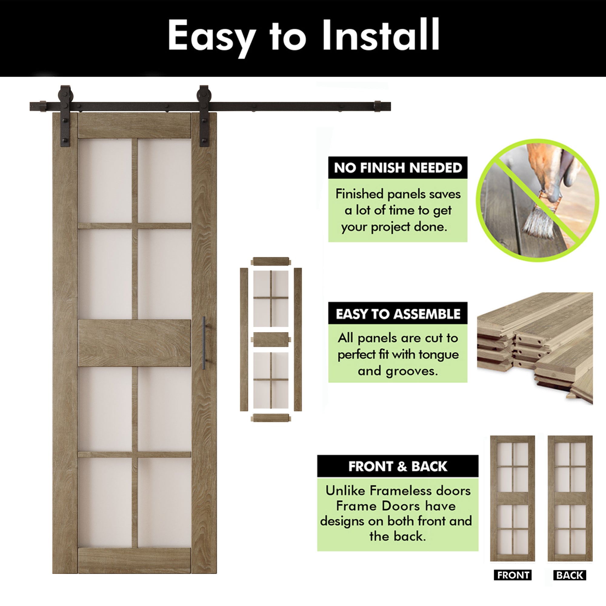 84" Height Classic Gray 8-Lite Frosted Glass Unassembled & Finished Pine Wood Barn Door with Non-Bypass Installation Hardware Kit (Interior Use Only)