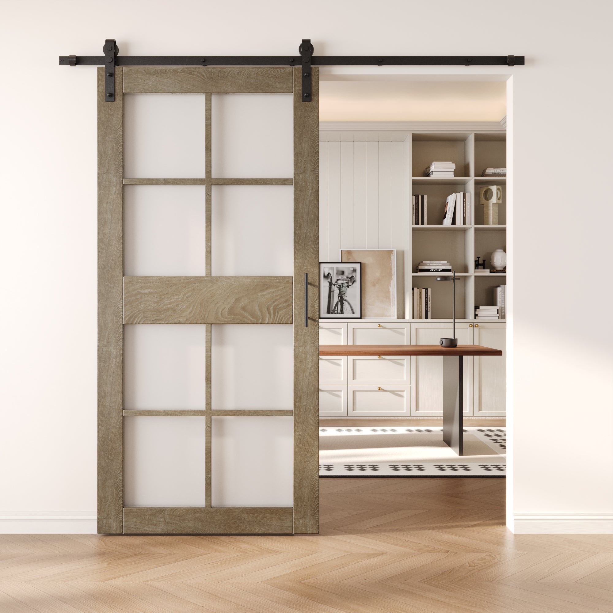 84" Height Classic Gray 8-Lite Frosted Glass Unassembled & Finished Pine Wood Barn Door with Non-Bypass Installation Hardware Kit (Interior Use Only)