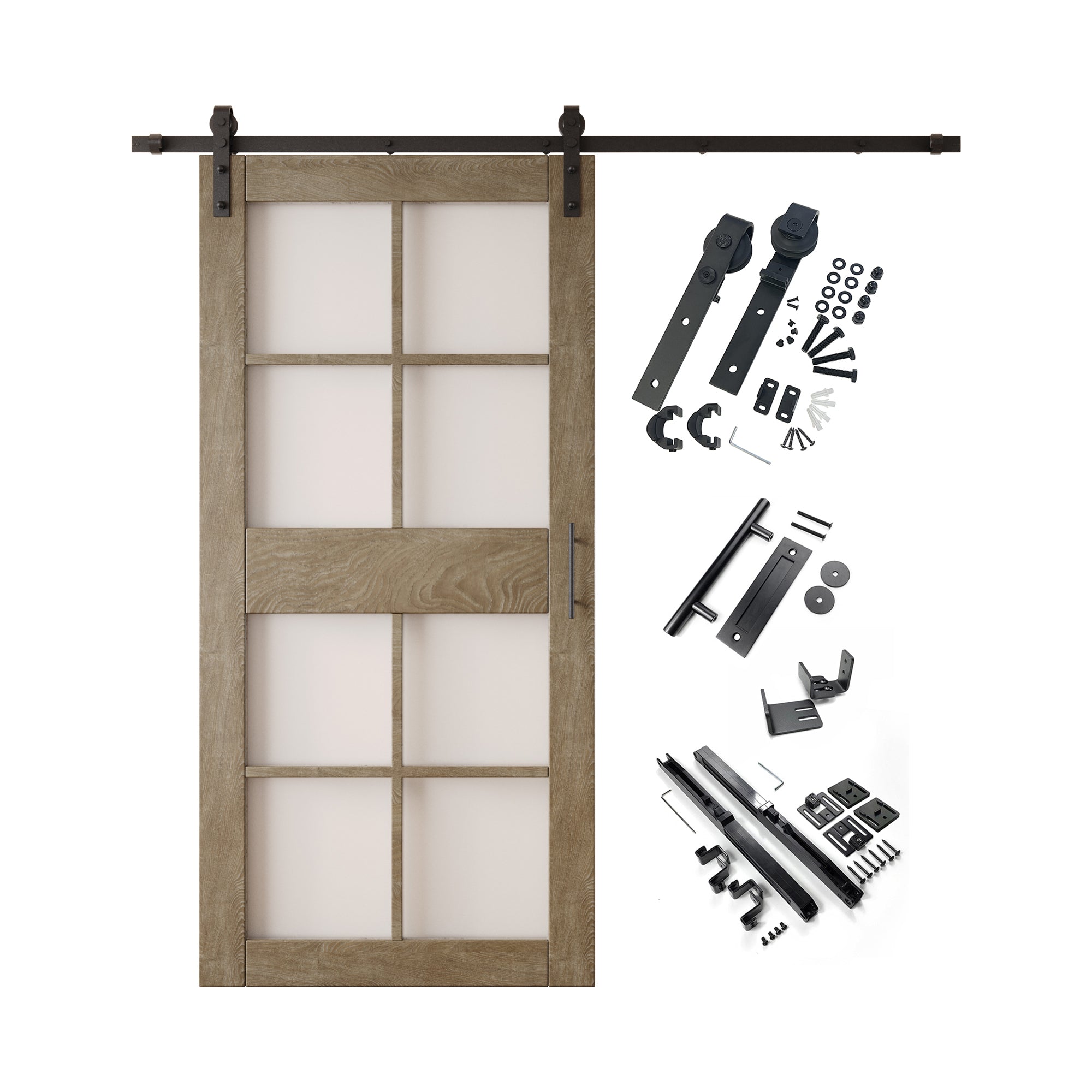 84" Height Classic Gray 8-Lite Frosted Glass Unassembled & Finished Pine Wood Barn Door with Non-Bypass Installation Hardware Kit (Interior Use Only)