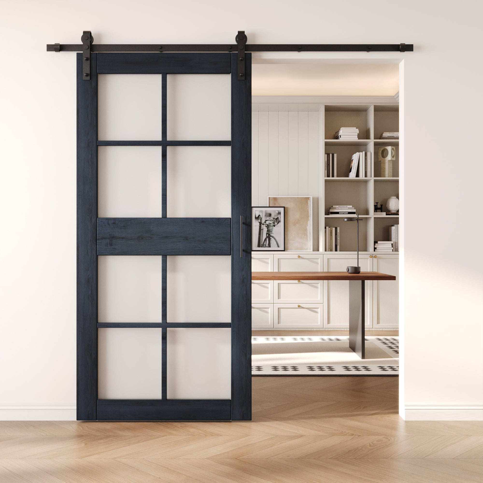 84" Height Navy 8-Lite Frosted Glass Unassembled & Finished Pine Wood Barn Door with Non-Bypass Installation Hardware Kit (Interior Use Only)