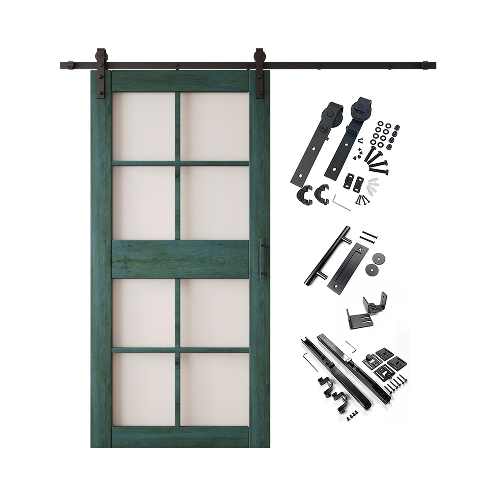 84" Height Royal Pine 8-Lite Frosted Glass Unassembled & Finished Pine Wood Barn Door with Non-Bypass Installation Hardware Kit (Interior Use Only)