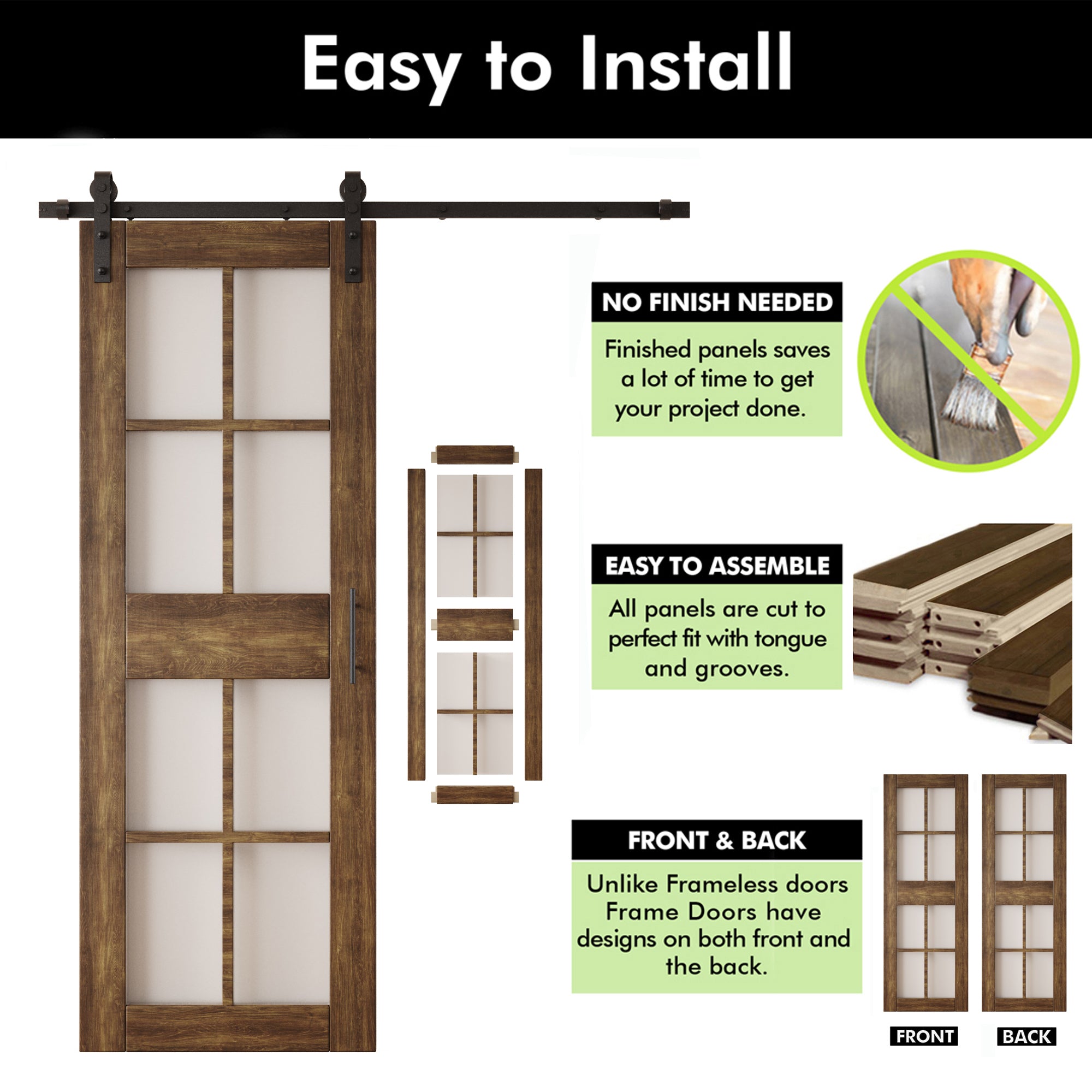 84" Height Dark Walnut 8-Lite Frosted Glass Unassembled & Finished Pine Wood Barn Door with Non-Bypass Installation Hardware Kit (Interior Use Only)