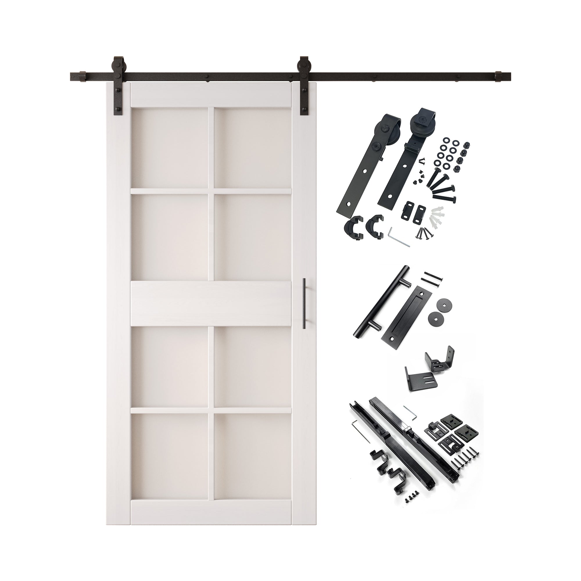 84" Height White 8-Lite Frosted Glass Unassembled & Finished Pine Wood Barn Door with Non-Bypass Installation Hardware Kit (Interior Use Only)