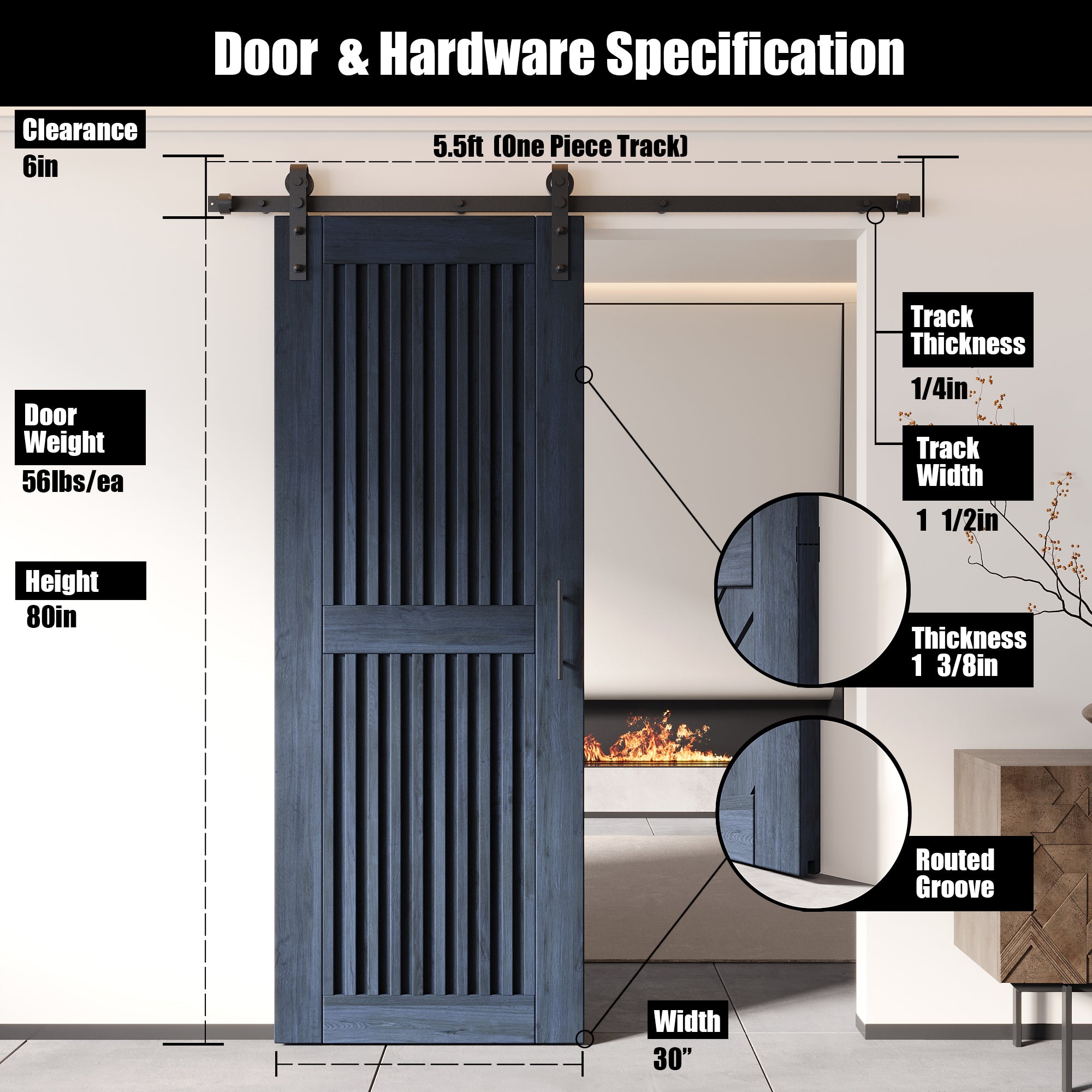80" Height Navy Vertical Stripe Design Unassembled & Finished Pine Wood Barn Door with Non-Bypass Installation Hardware Kit(Interior Use Only)
