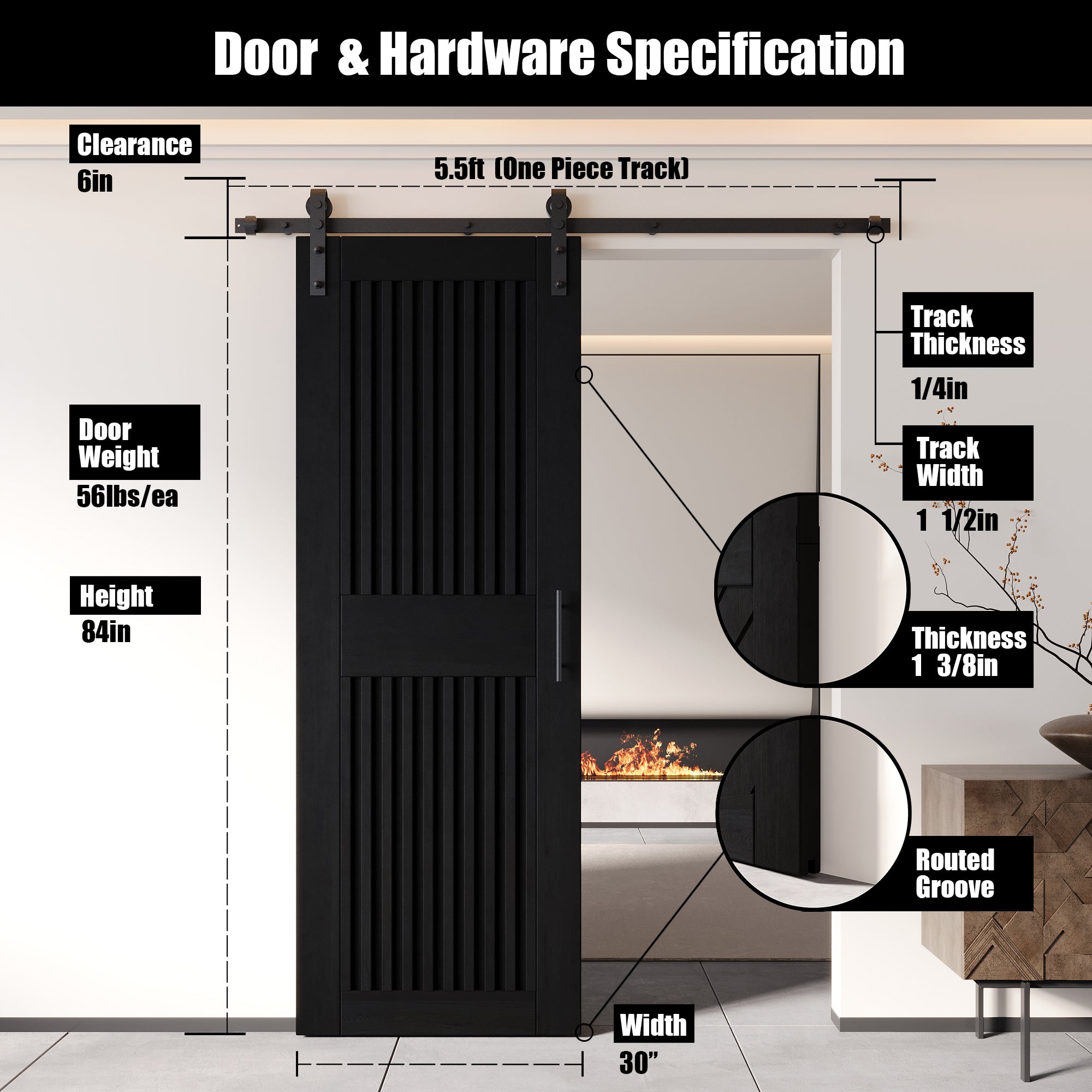 84" Height Black Vertical Stripe Design Unassembled & Finished Pine Wood Barn Door with Non-Bypass Installation Hardware Kit(Interior Use Only)