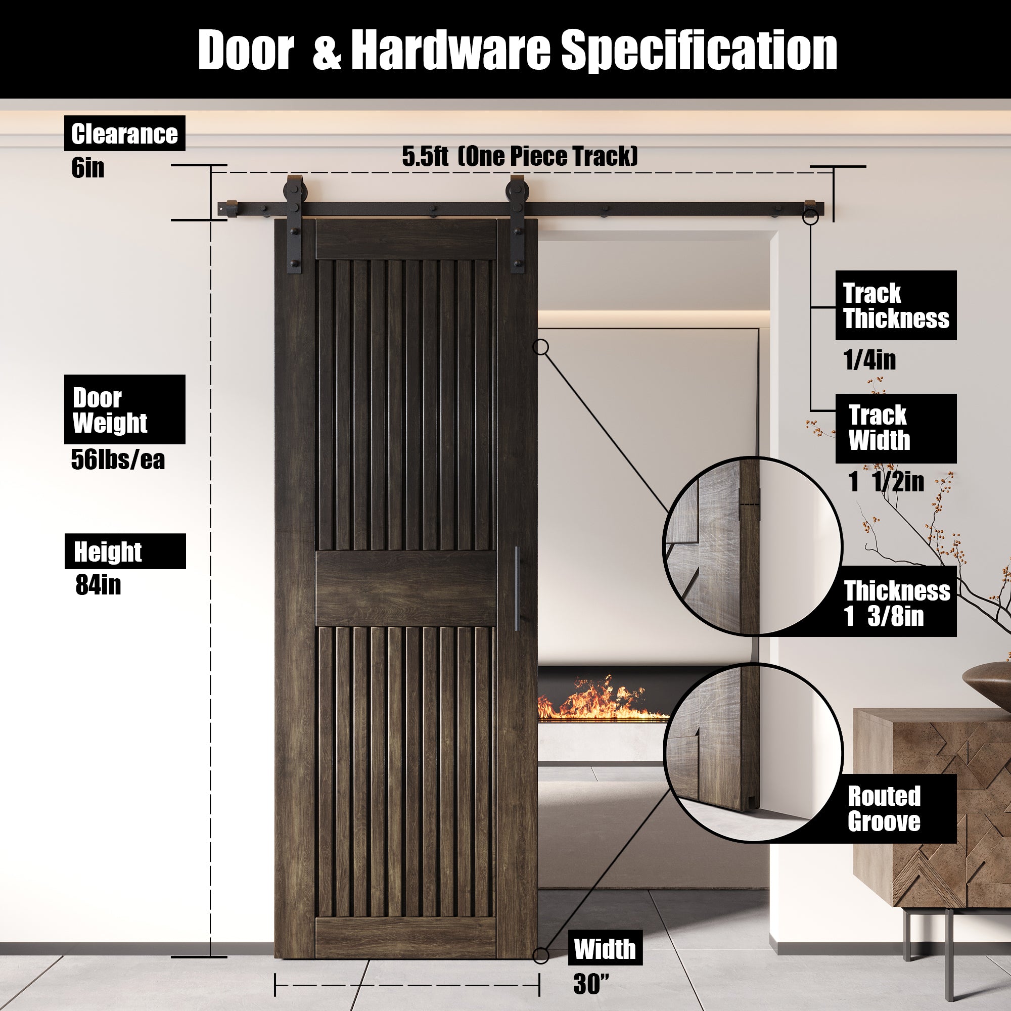 84" Height Ebony Vertical Stripe Design Unassembled & Finished Pine Wood Barn Door with Non-Bypass Installation Hardware Kit(Interior Use Only)