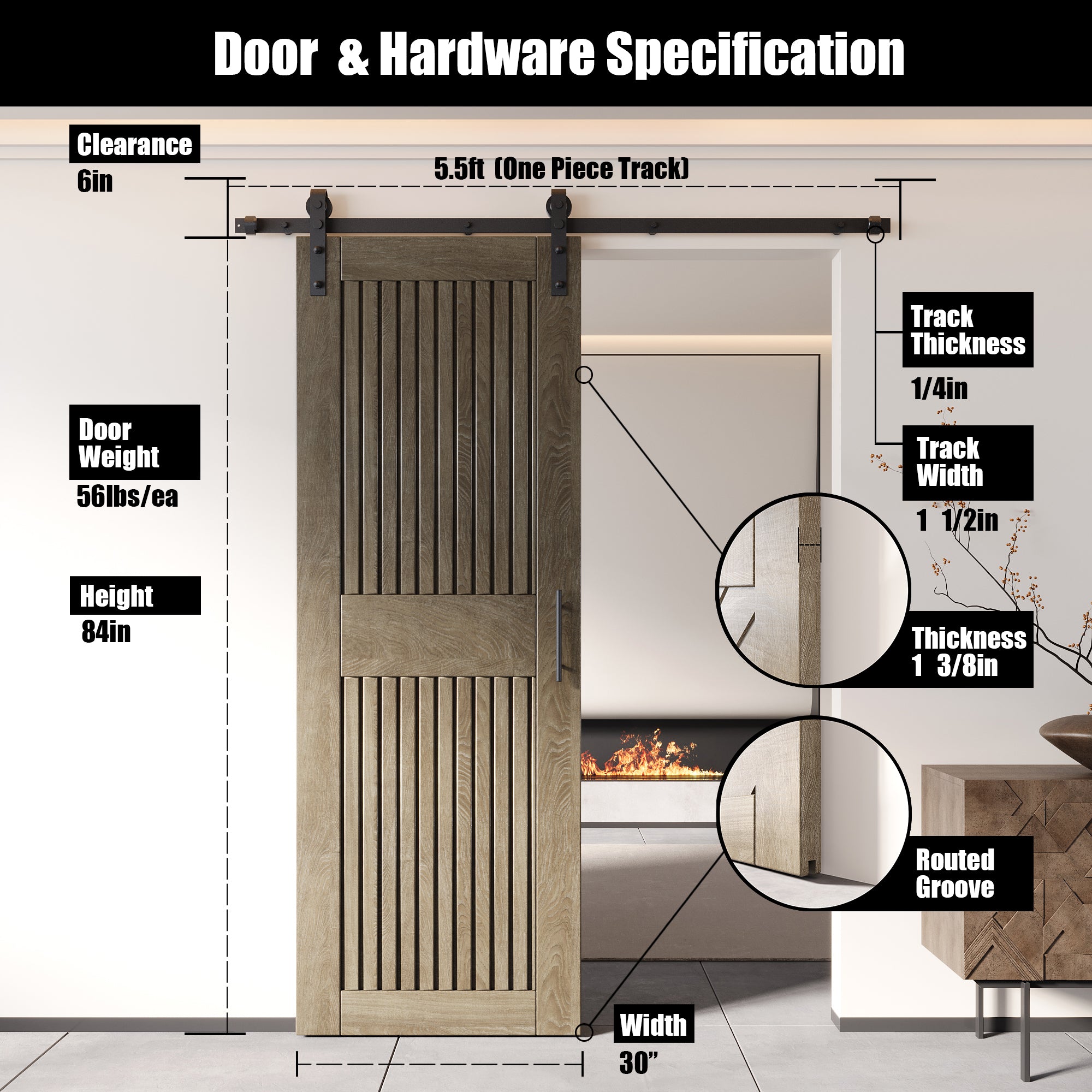 84" Height Classic Gray Vertical Stripe Design Unassembled & Finished Pine Wood Barn Door with Non-Bypass Installation Hardware Kit(Interior Use Only)