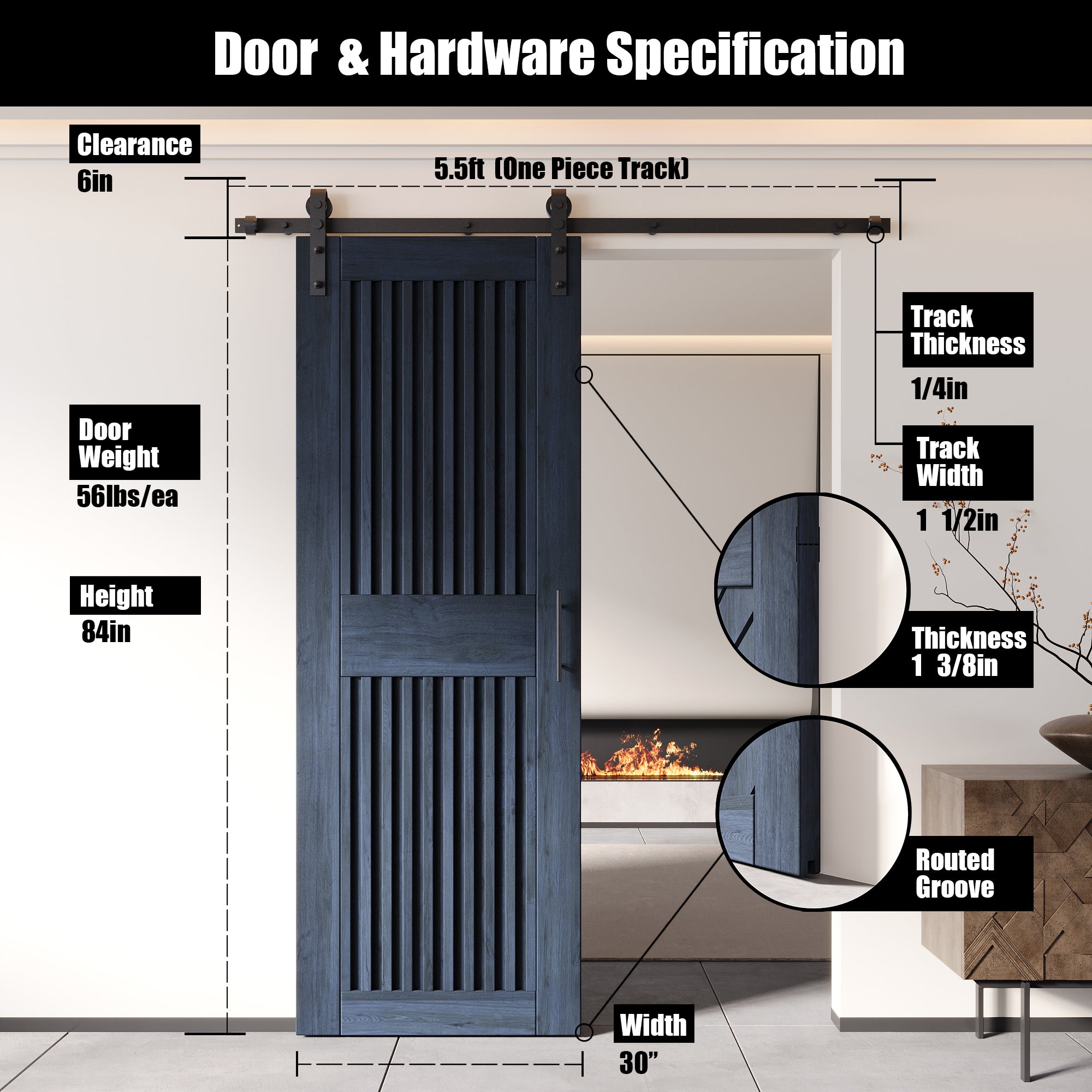 84" Height Navy Vertical Stripe Design Unassembled & Finished Pine Wood Barn Door with Non-Bypass Installation Hardware Kit(Interior Use Only)