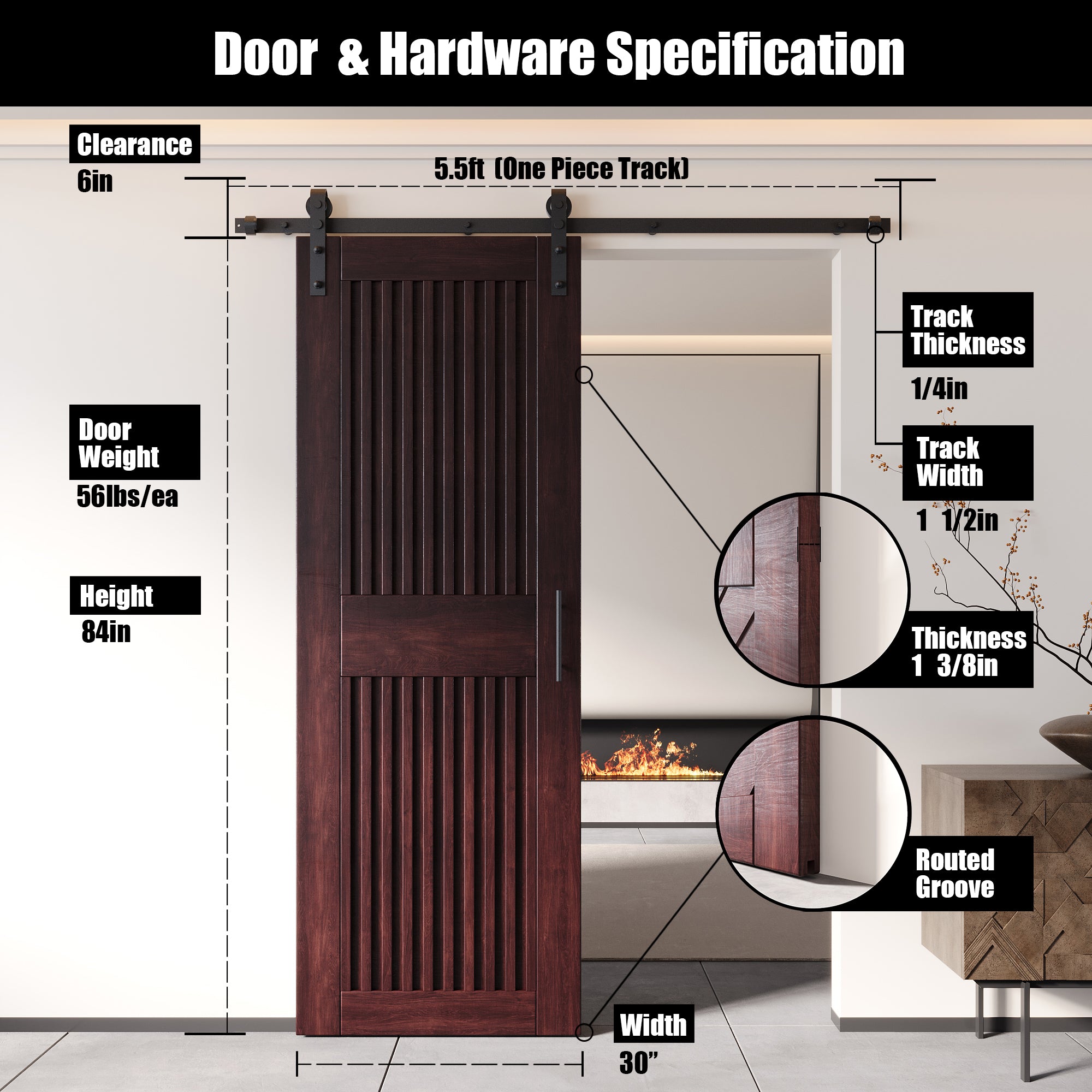84" Height Red Mahogany Vertical Stripe Design Unassembled & Finished Pine Wood Barn Door with Non-Bypass Installation Hardware Kit(Interior Use Only)