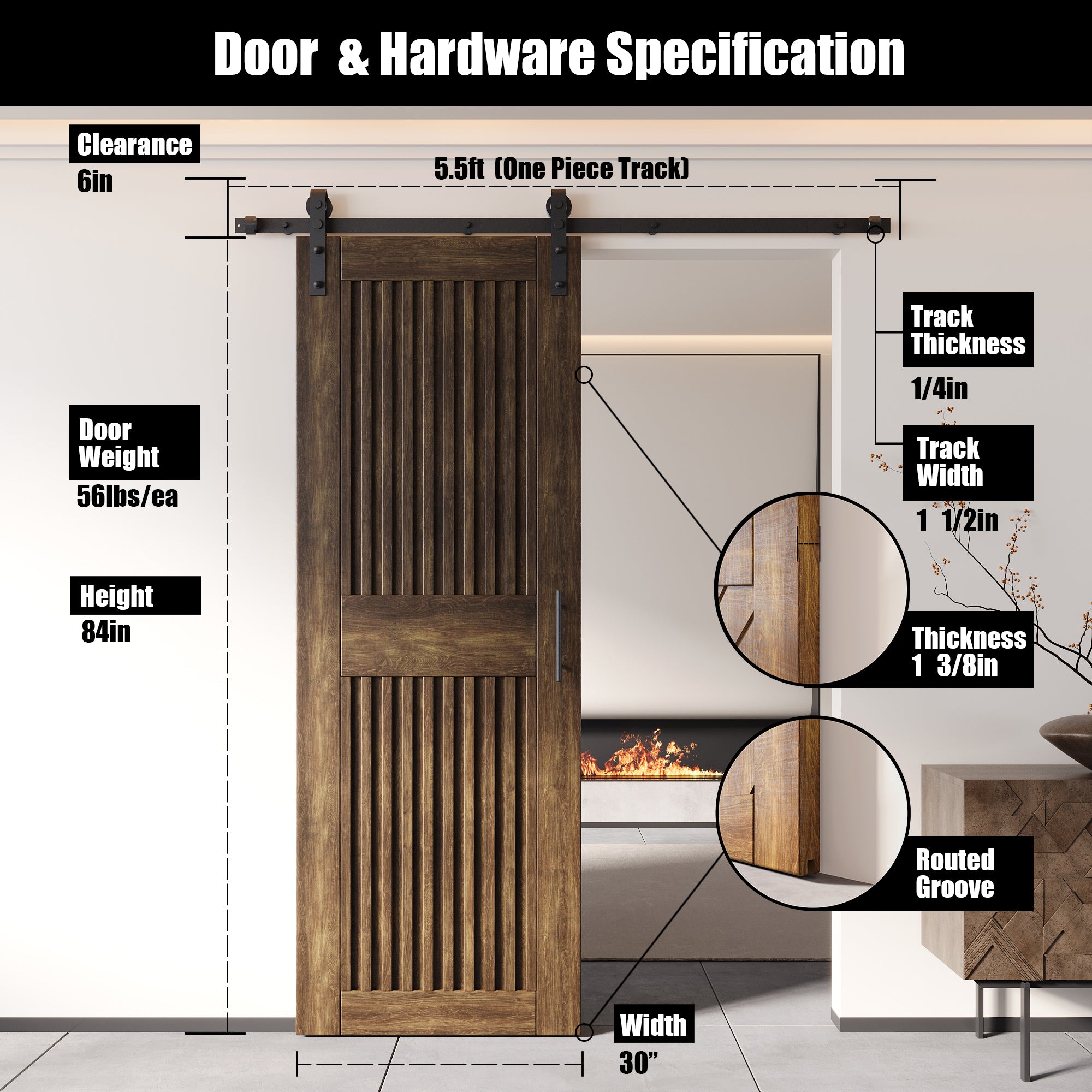 84" Height Dark Walnut Vertical Stripe Design Unassembled & Finished Pine Wood Barn Door with Non-Bypass Installation Hardware Kit(Interior Use Only)