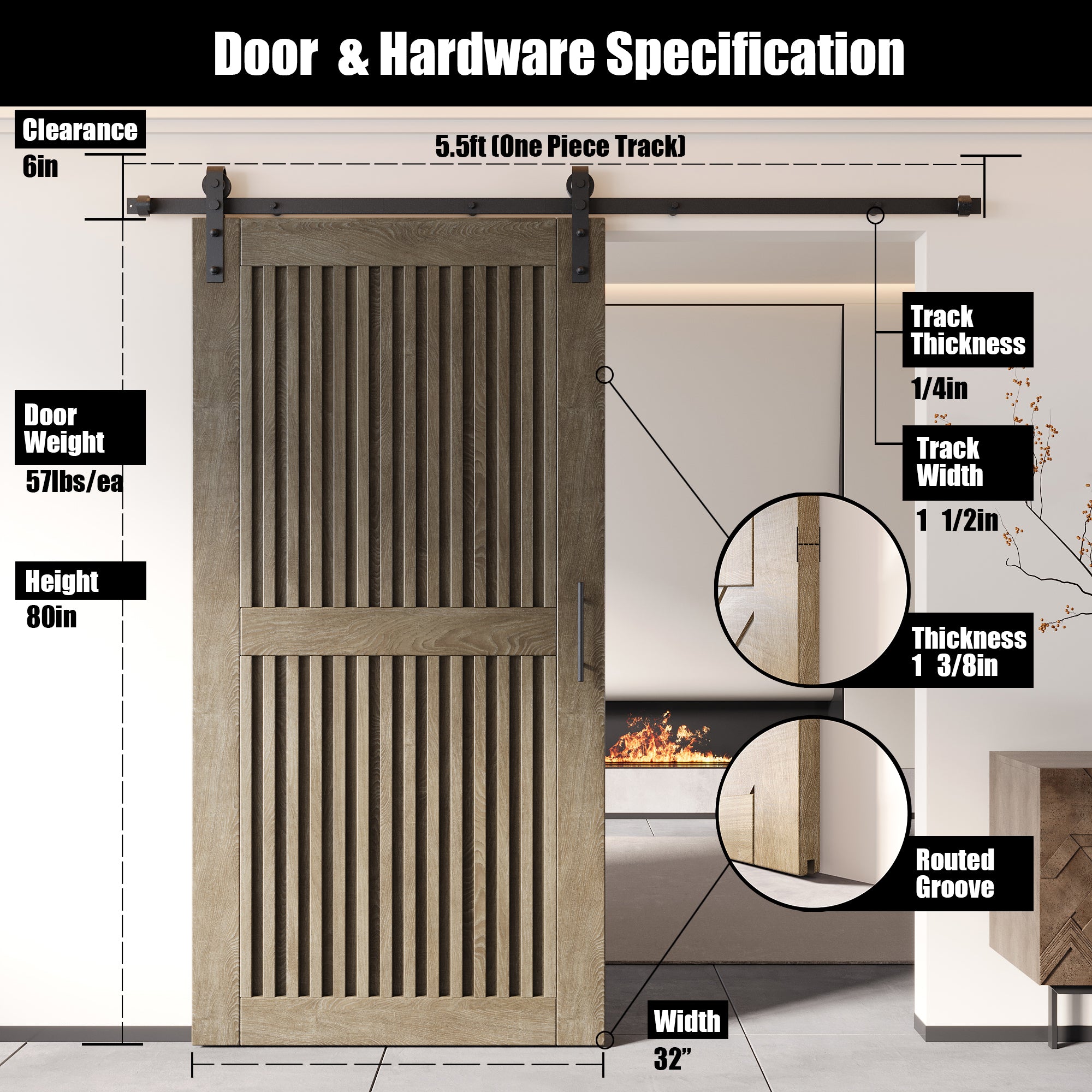 80" Height Classic Gray Vertical Stripe Design Unassembled & Finished Pine Wood Barn Door with Non-Bypass Installation Hardware Kit(Interior Use Only)