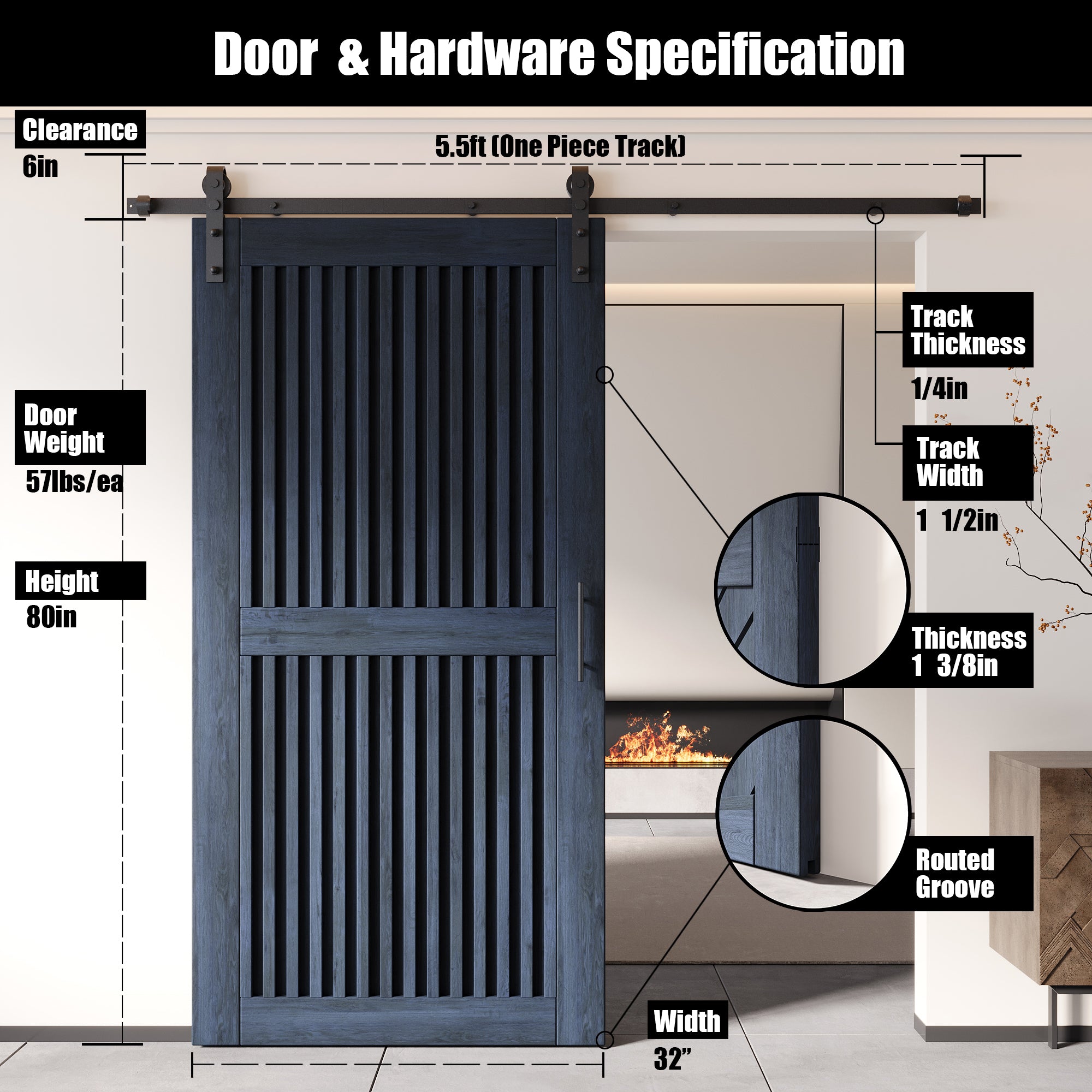80" Height Navy Vertical Stripe Design Unassembled & Finished Pine Wood Barn Door with Non-Bypass Installation Hardware Kit(Interior Use Only)