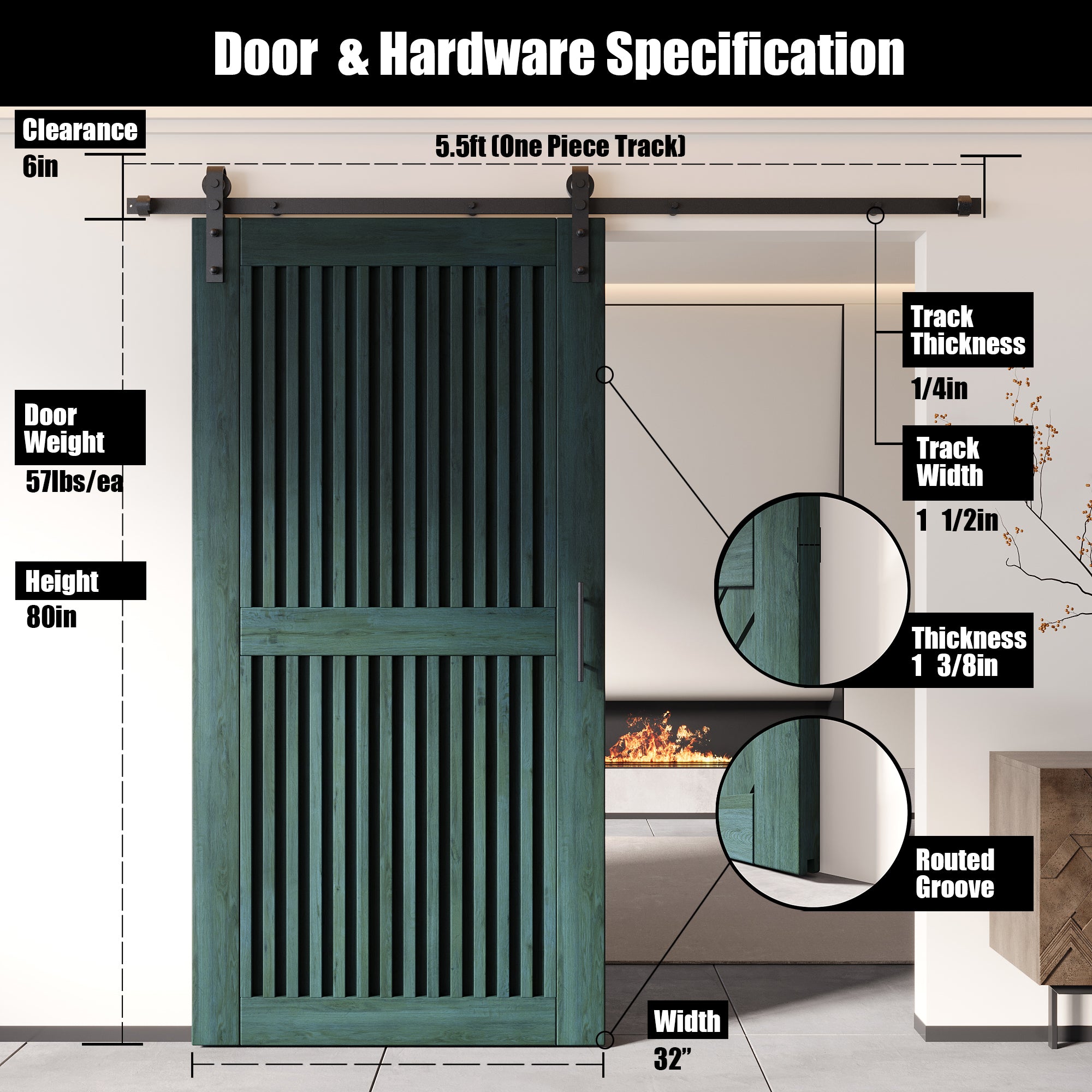80" Height Royal Pine Vertical Stripe Design Unassembled & Finished Pine Wood Barn Door with Non-Bypass Installation Hardware Kit(Interior Use Only)