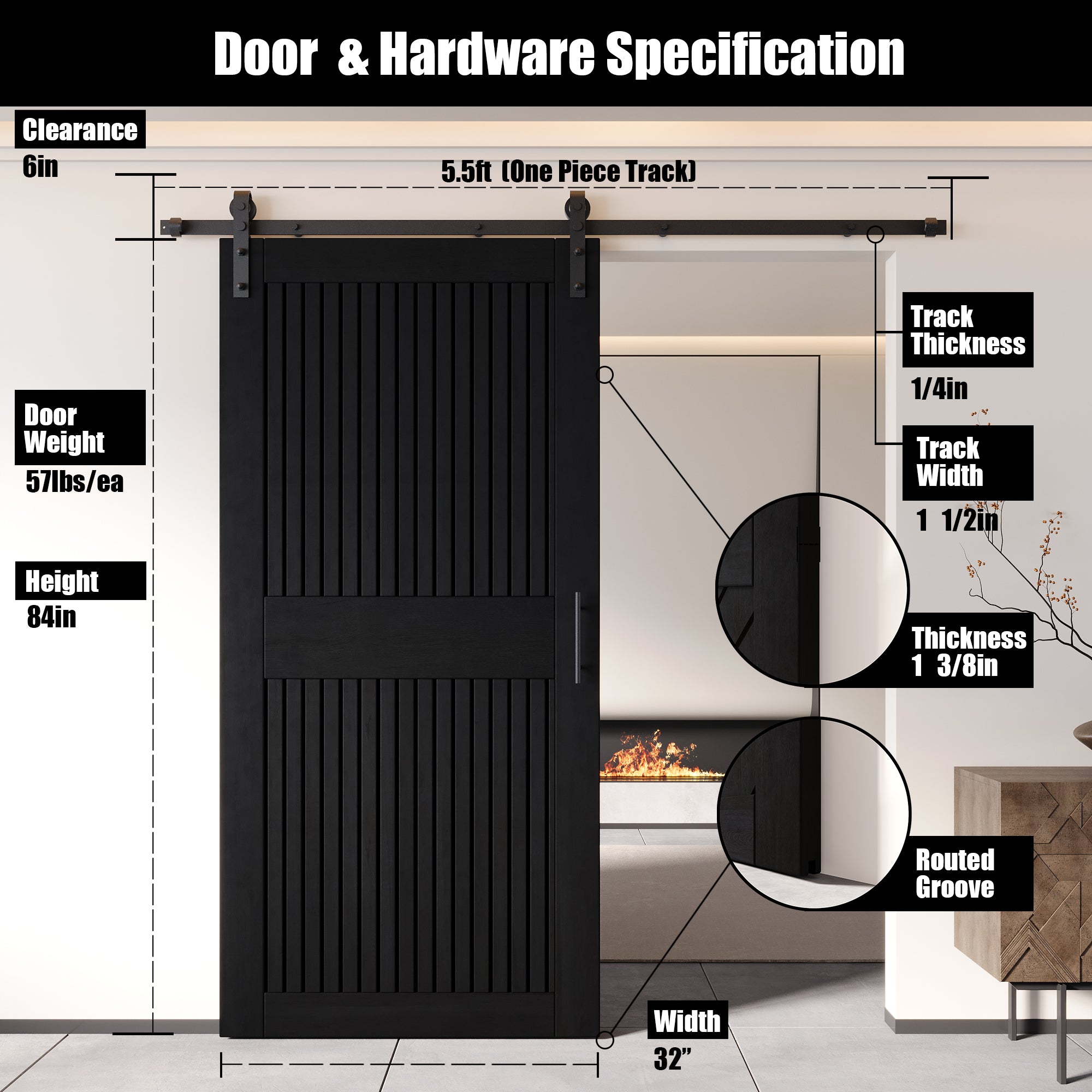 84" Height Black Vertical Stripe Design Unassembled & Finished Pine Wood Barn Door with Non-Bypass Installation Hardware Kit(Interior Use Only)
