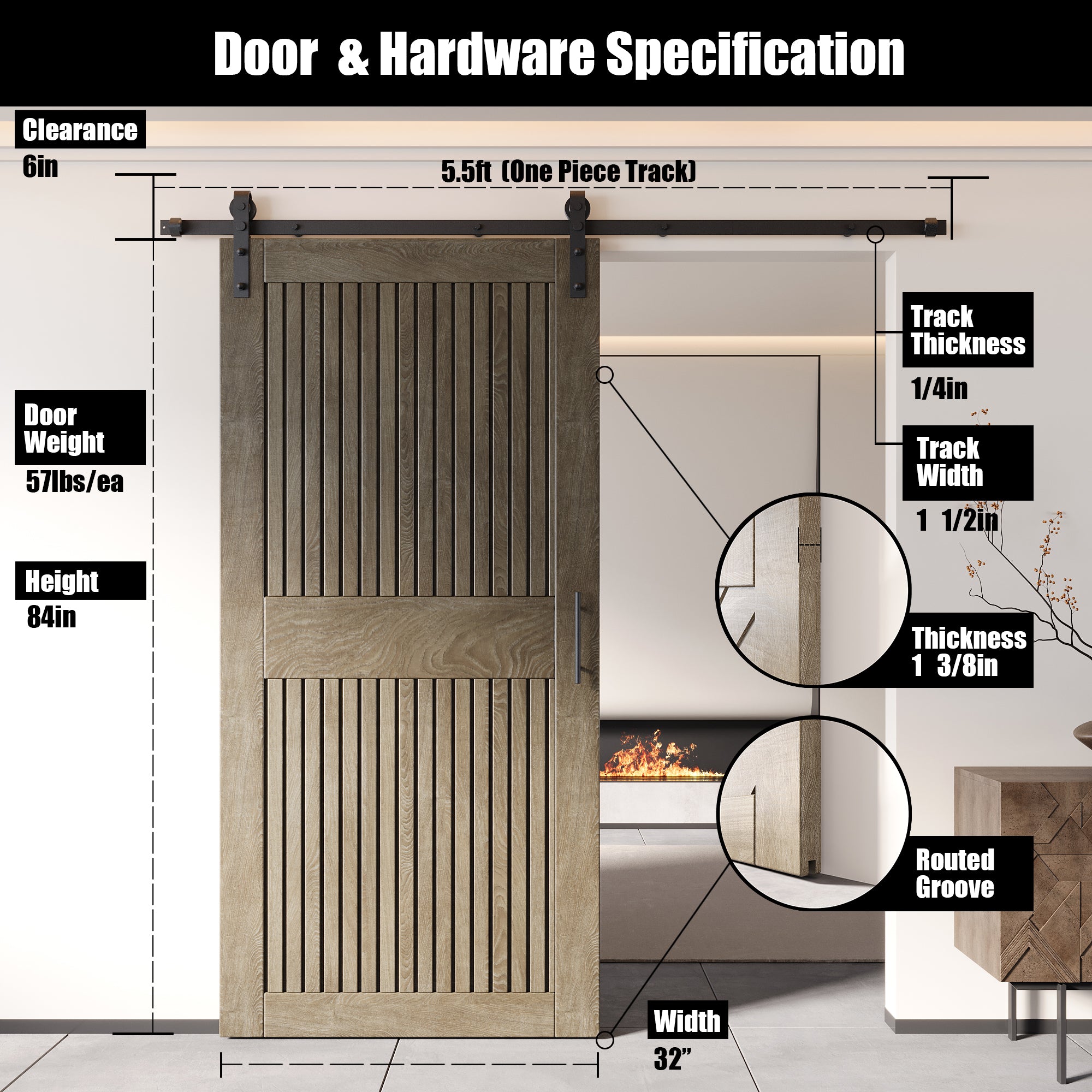 84" Height Classic Gray Vertical Stripe Design Unassembled & Finished Pine Wood Barn Door with Non-Bypass Installation Hardware Kit(Interior Use Only)