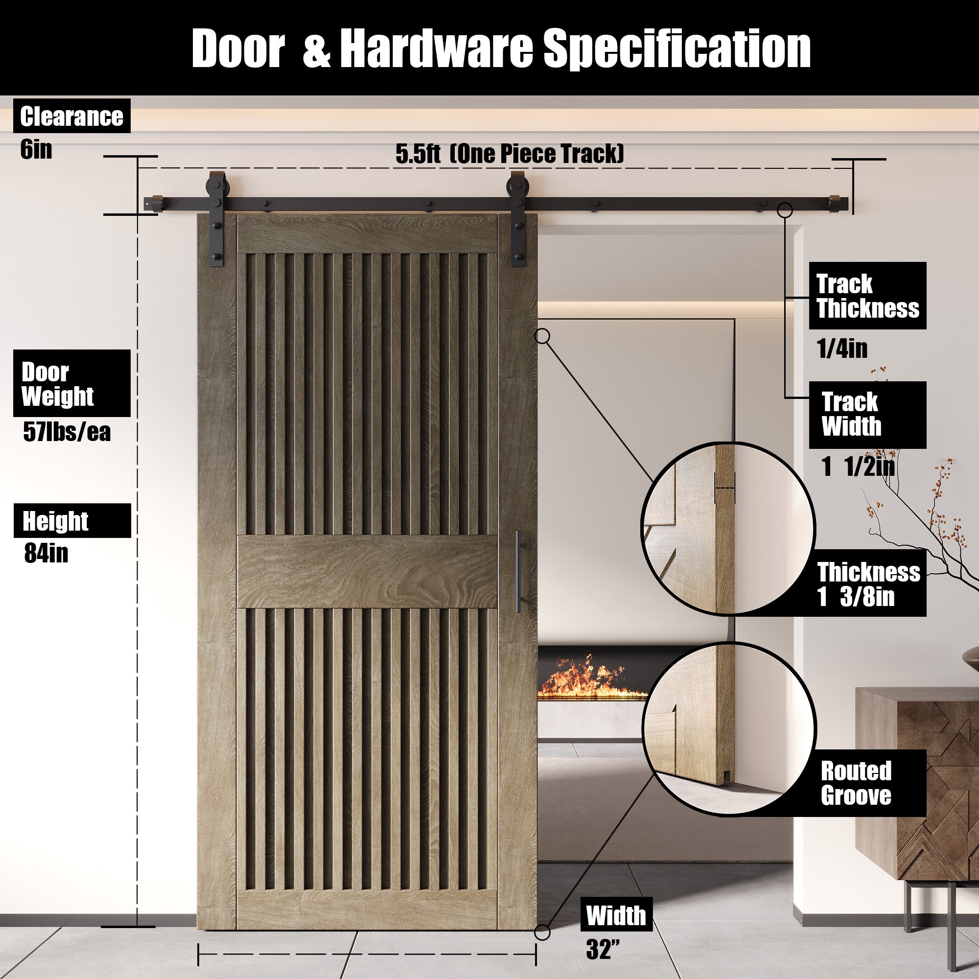 84" Height Classic Gray Vertical Stripe Design Unassembled & Finished Pine Wood Barn Door with Non-Bypass Installation Hardware Kit(Interior Use Only)