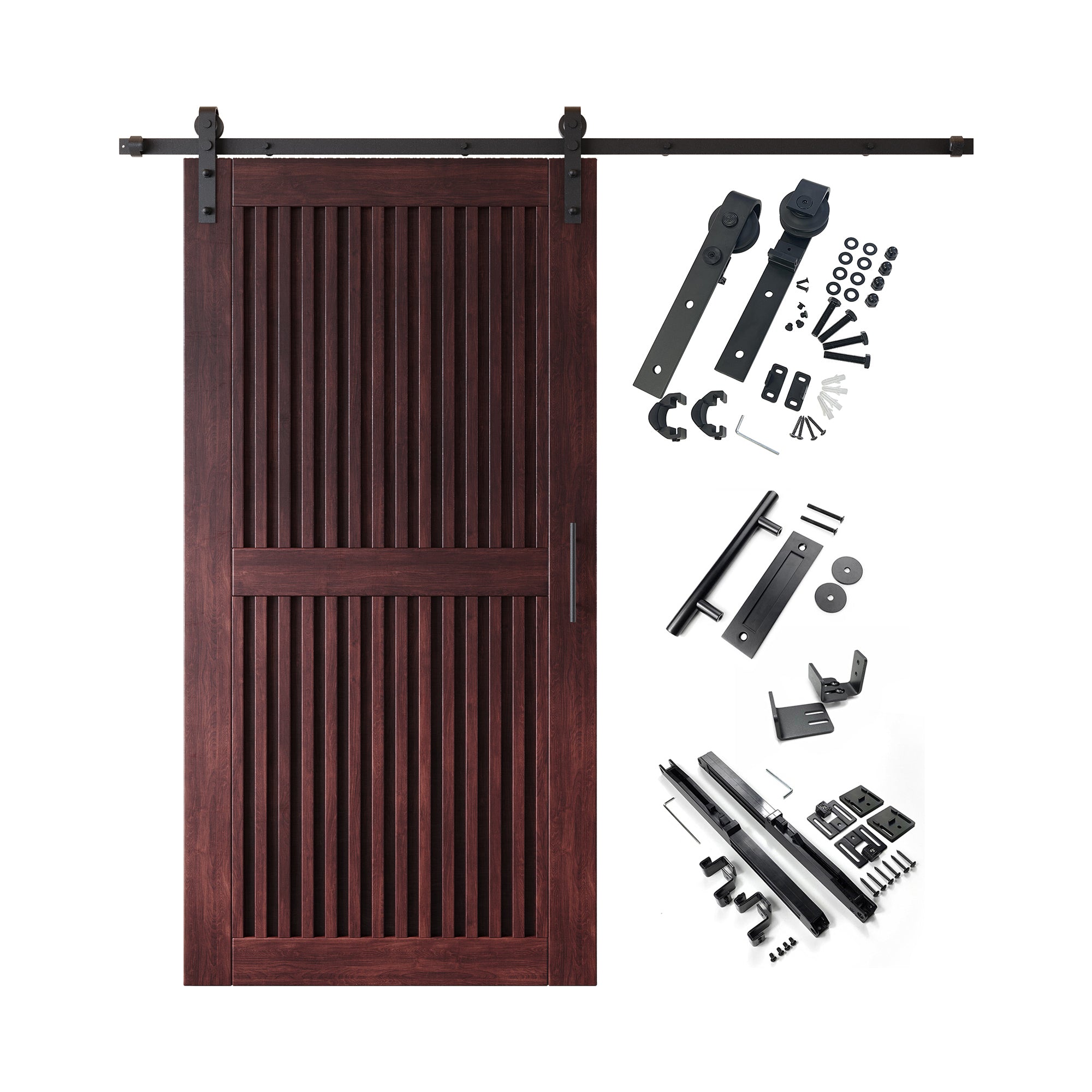 80" Height Red Mahogany Vertical Stripe Design Unassembled & Finished Pine Wood Barn Door with Non-Bypass Installation Hardware Kit(Interior Use Only)