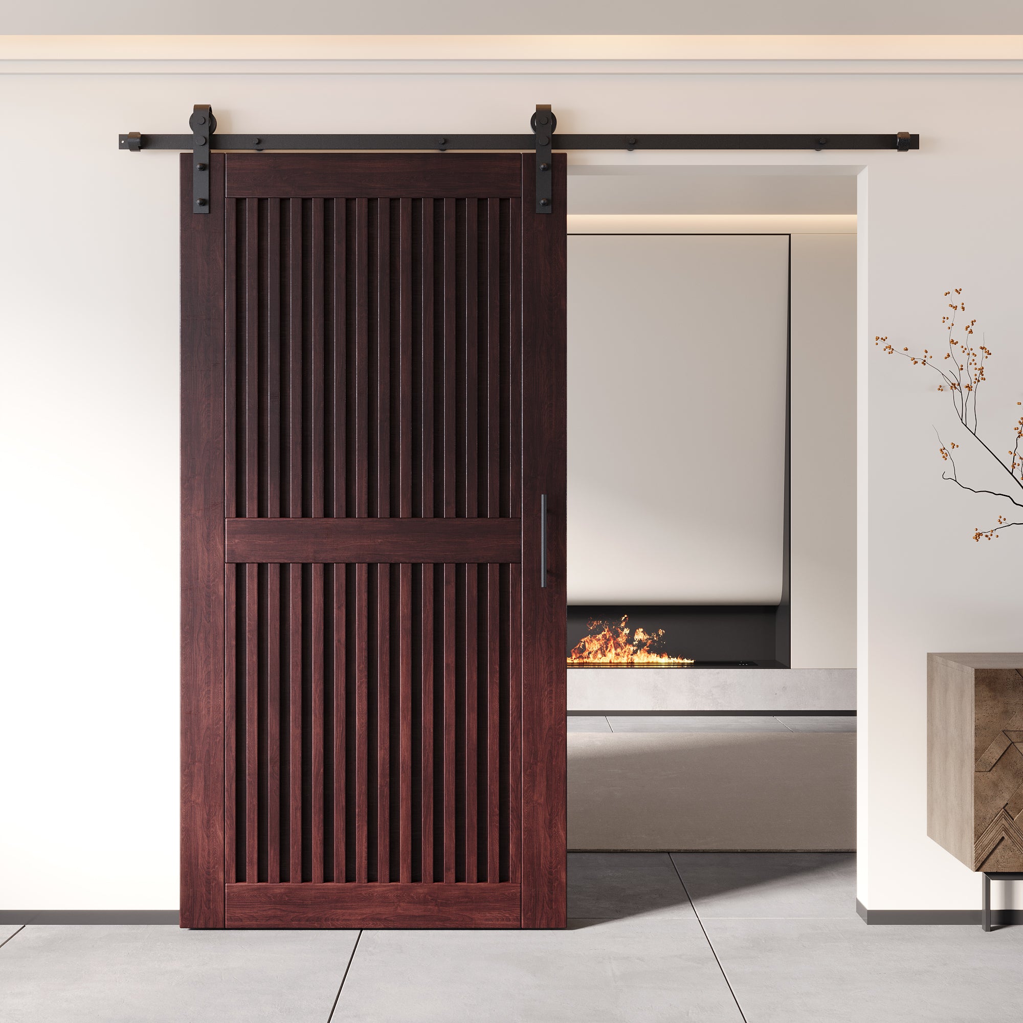 80" Height Red Mahogany Vertical Stripe Design Unassembled & Finished Pine Wood Barn Door with Non-Bypass Installation Hardware Kit(Interior Use Only)