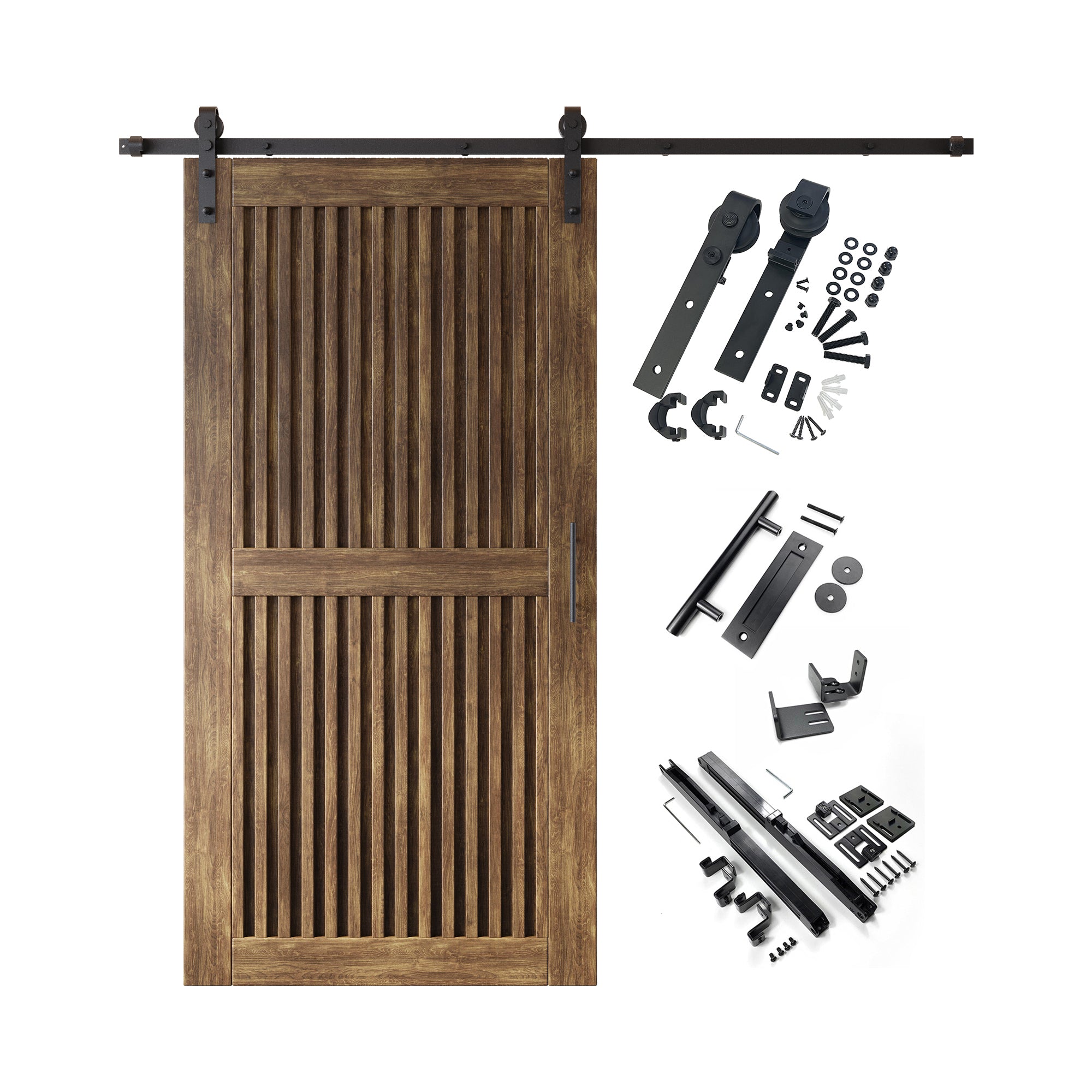 80" Height Dark Walnut Vertical Stripe Design Unassembled & Finished Pine Wood Barn Door with Non-Bypass Installation Hardware Kit(Interior Use Only)