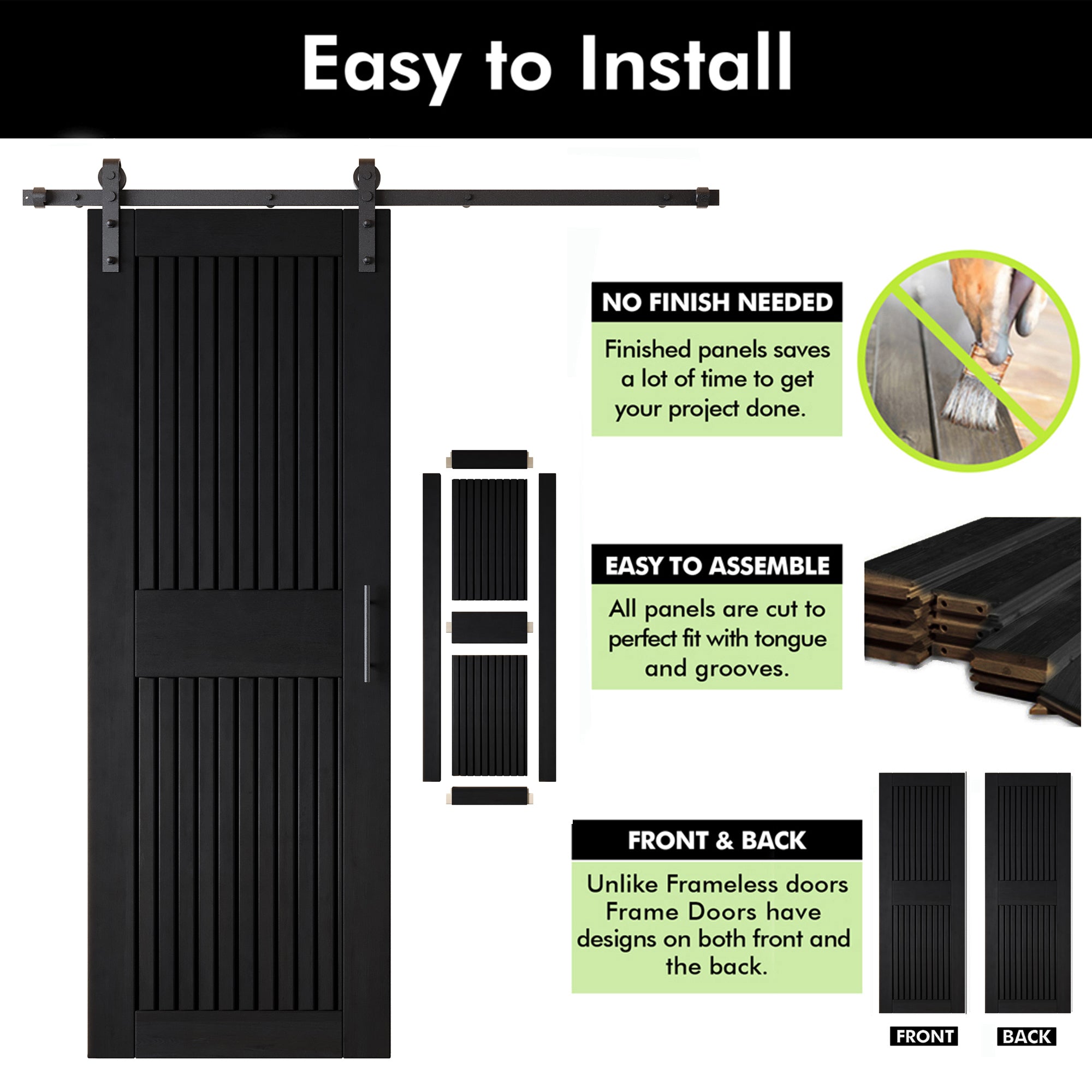 84" Height Black Vertical Stripe Design Unassembled & Finished Pine Wood Barn Door with Non-Bypass Installation Hardware Kit(Interior Use Only)