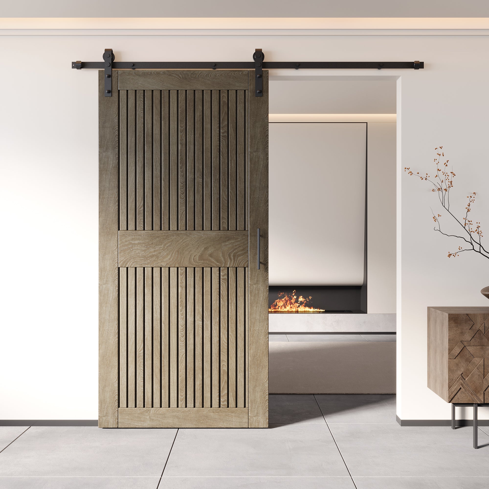 84" Height Classic Gray Vertical Stripe Design Unassembled & Finished Pine Wood Barn Door with Non-Bypass Installation Hardware Kit(Interior Use Only)