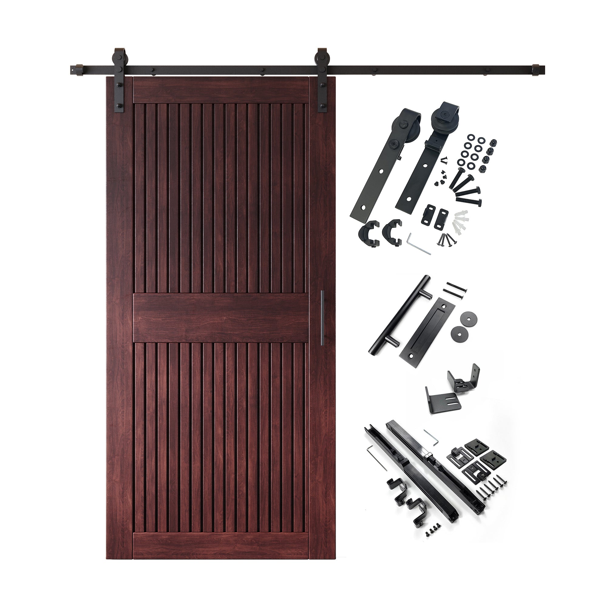 84" Height Red Mahogany Vertical Stripe Design Unassembled & Finished Pine Wood Barn Door with Non-Bypass Installation Hardware Kit(Interior Use Only)