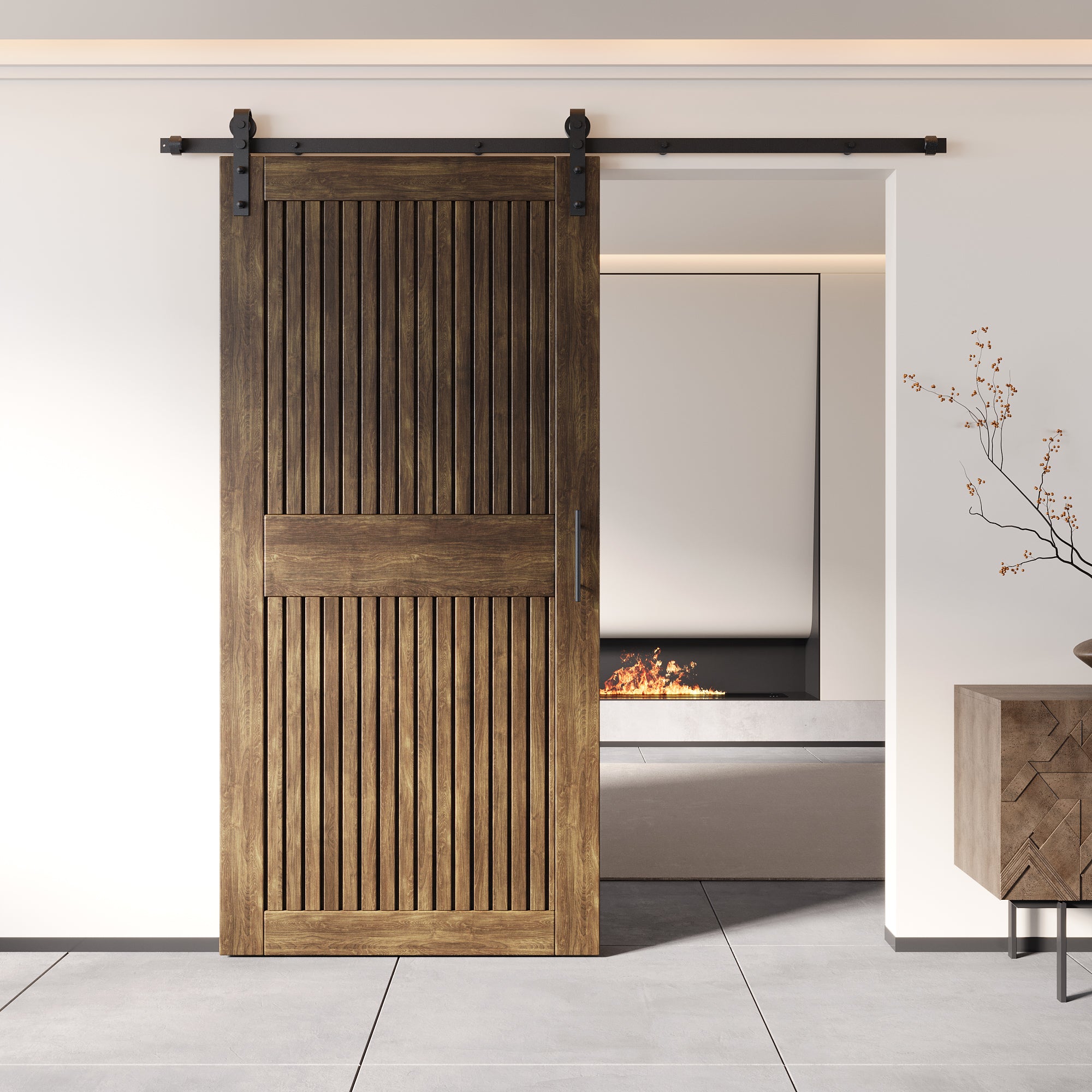 84" Height Dark Walnut Vertical Stripe Design Unassembled & Finished Pine Wood Barn Door with Non-Bypass Installation Hardware Kit(Interior Use Only)