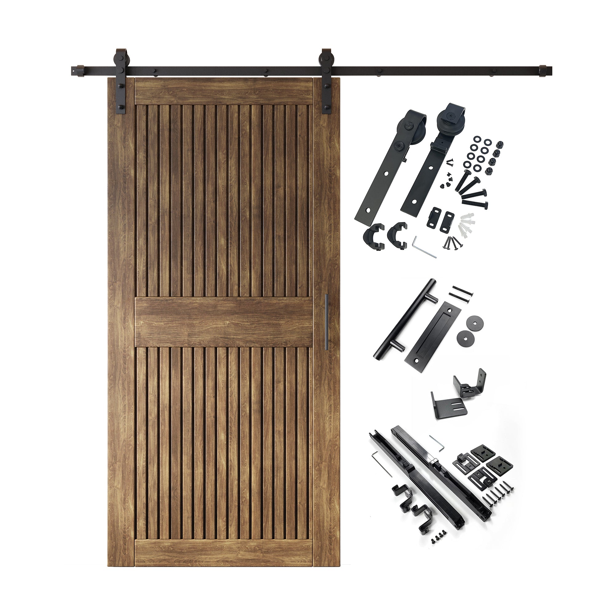 84" Height Dark Walnut Vertical Stripe Design Unassembled & Finished Pine Wood Barn Door with Non-Bypass Installation Hardware Kit(Interior Use Only)