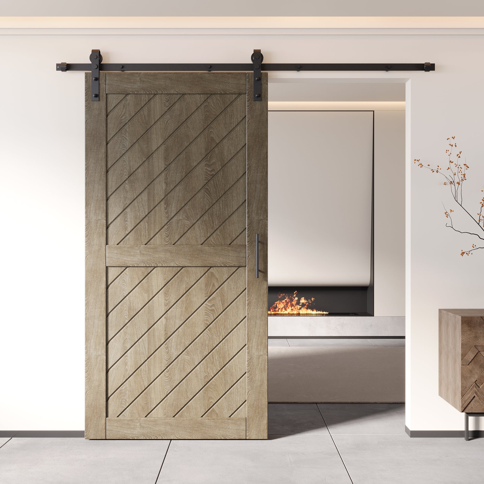 80" Height Classic Gray Slanted Stripe Design Unassembled & Finished Pine Wood Barn Door with Non-Bypass Installation Hardware Kit(Interior Use Only)
