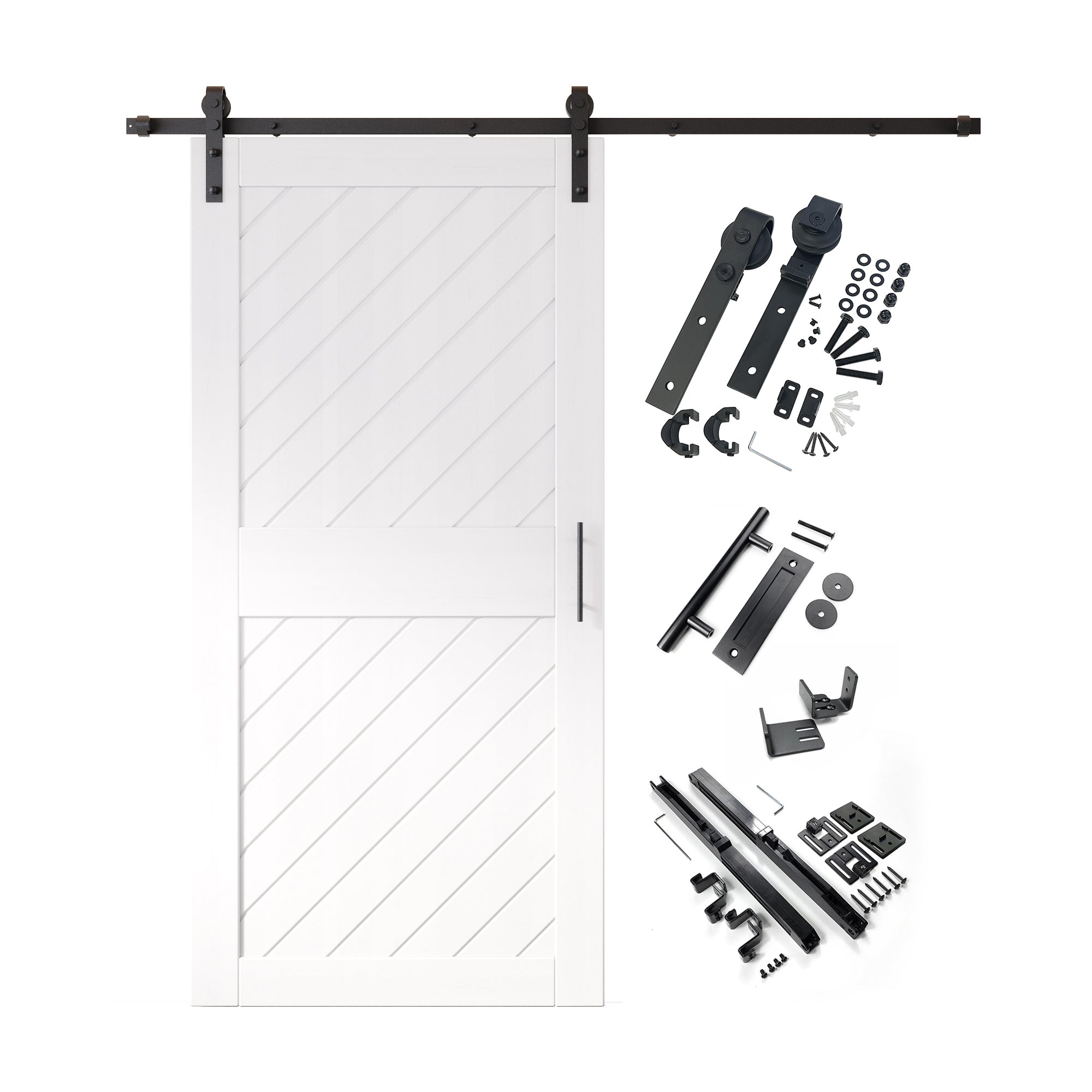 "84-inch white pine barn door with slanted stripe design