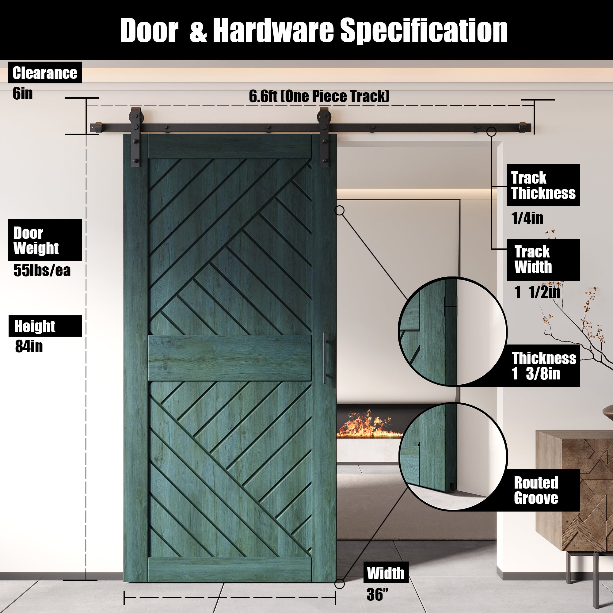 84" Height Royal Pine Geometric Design Unassembled & Finished Double Pine Wood Barn Door with Non-Bypass Installation Hardware Kit(Interior Use Only)