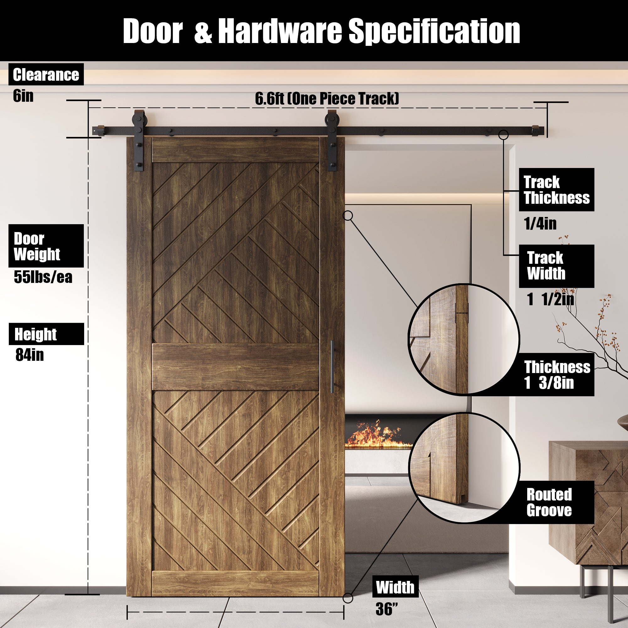 84" Height Dark Walnut Geometric Design Unassembled & Finished Pine Wood Barn Door with Non-Bypass Installation Hardware Kit(Interior Use Only)