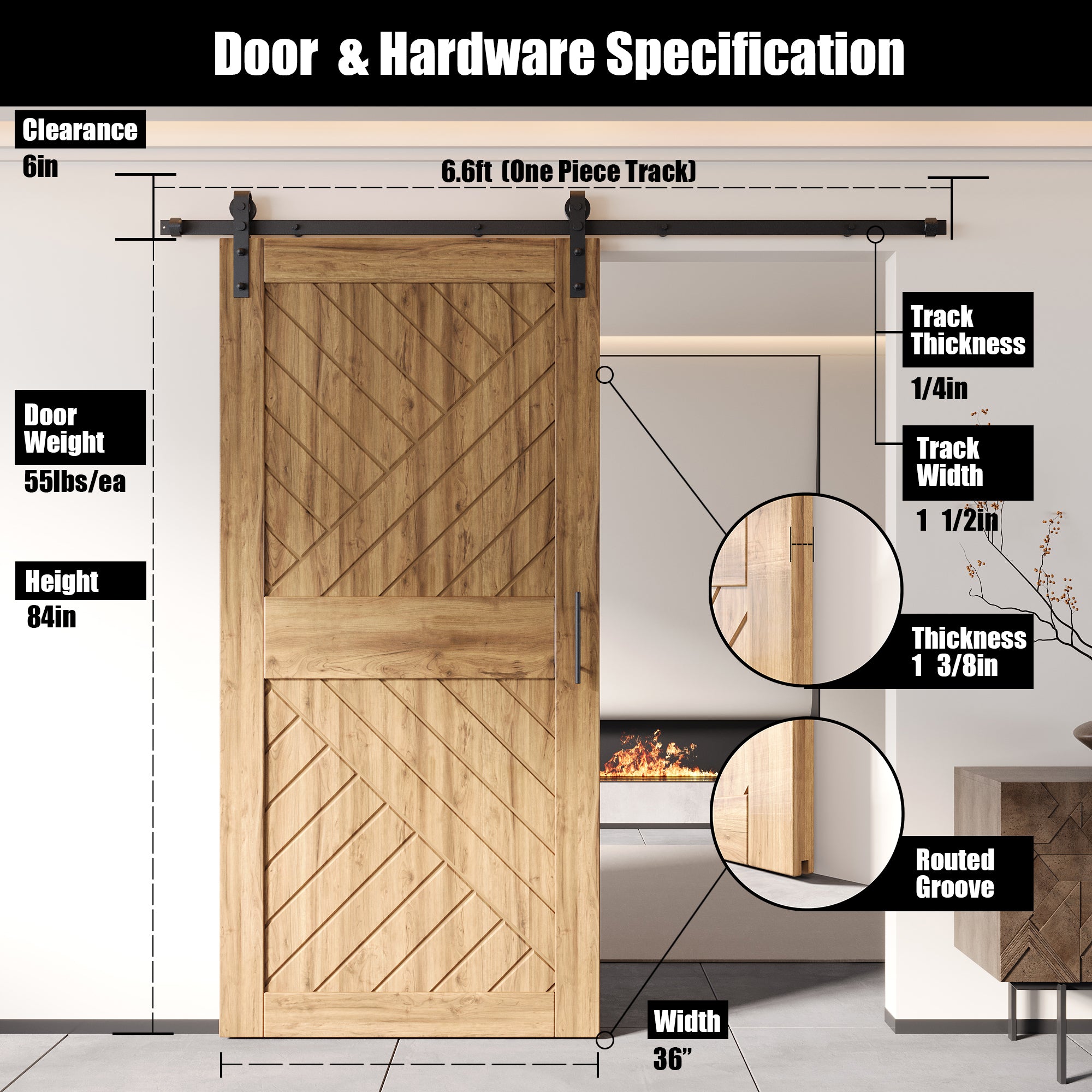 80" Height Geometric Design Unassembled & Unfinished Pine Wood Barn Door with Non-Bypass Installation Hardware Kit(Interior Use Only)