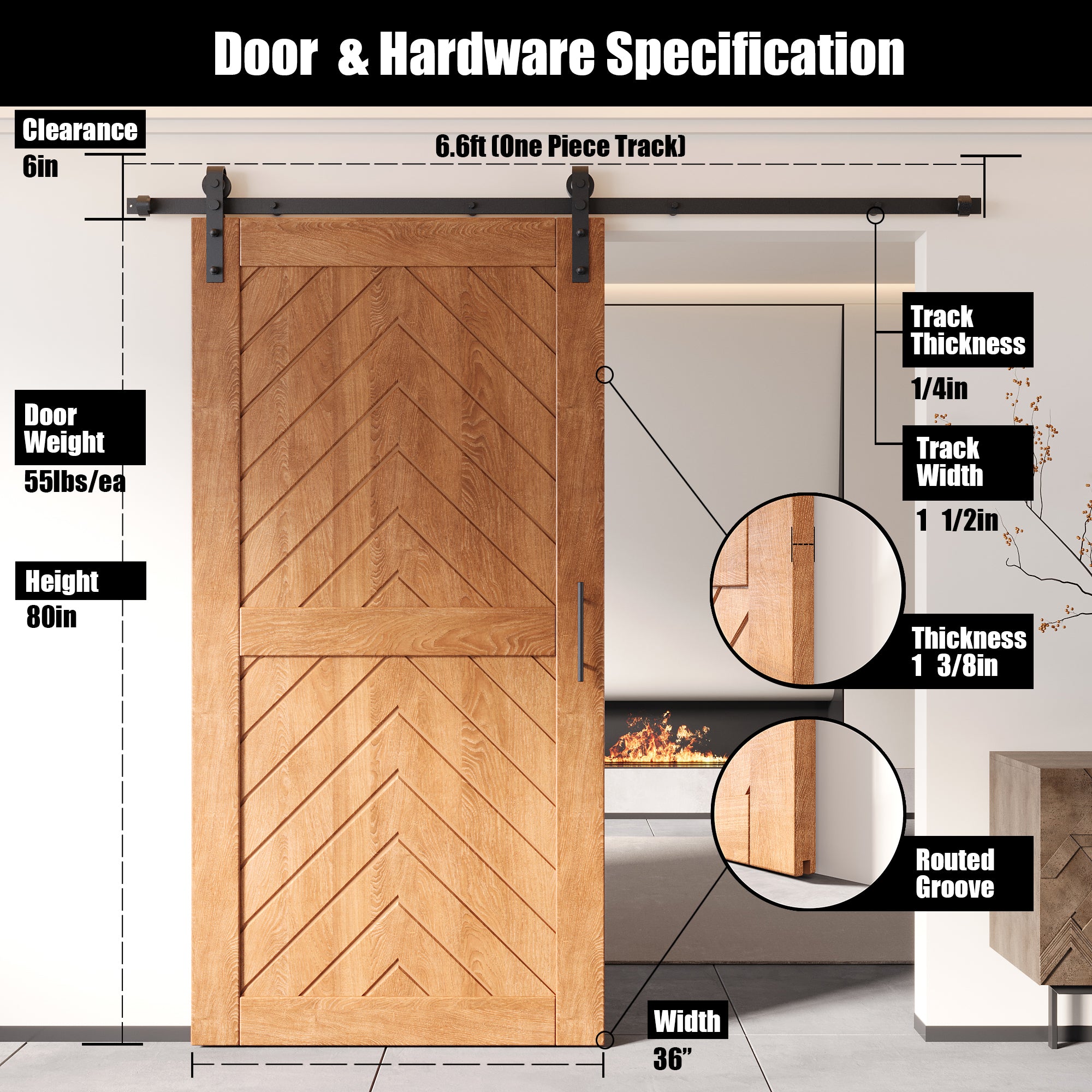 80" Height Early American Fishbone Design Unassembled & Finished Pine Wood Barn Door with Non-Bypass Installation Hardware Kit(Interior Use Only)