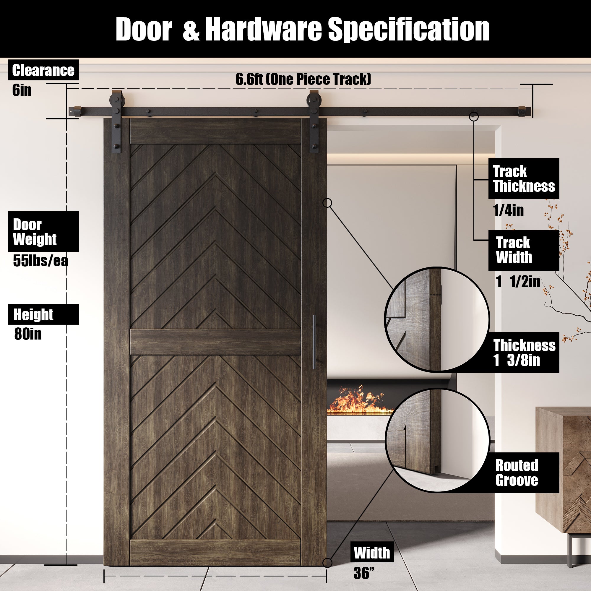 80" Height Ebony Fishbone Design Unassembled & Finished Pine Wood Barn Door with Non-Bypass Installation Hardware Kit(Interior Use Only)