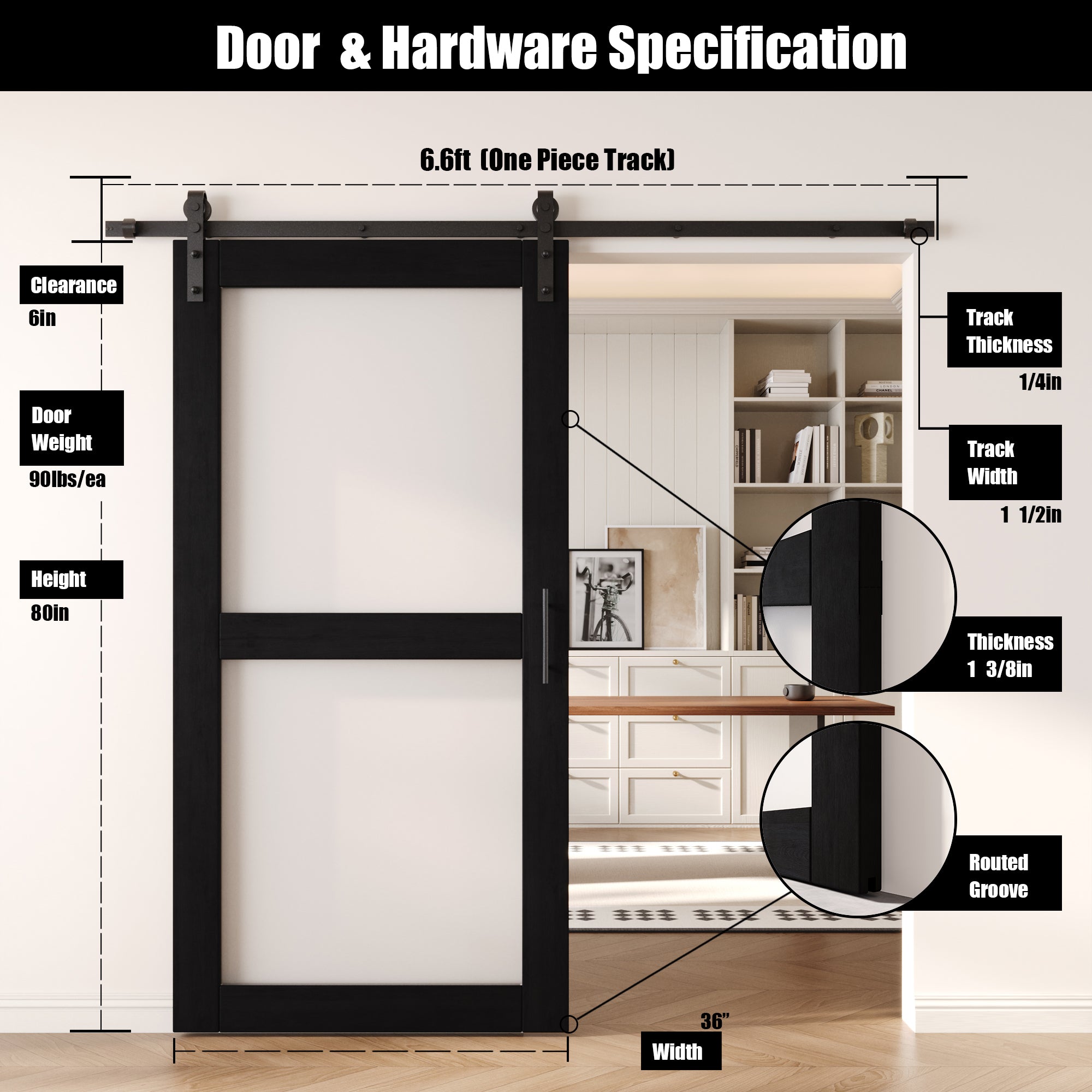80" Height Black 2-Lite Frosted Glass Unassembled & Finished Pine Wood Barn Door with Non-Bypass Installation Hardware Kit (Interior Use Only)