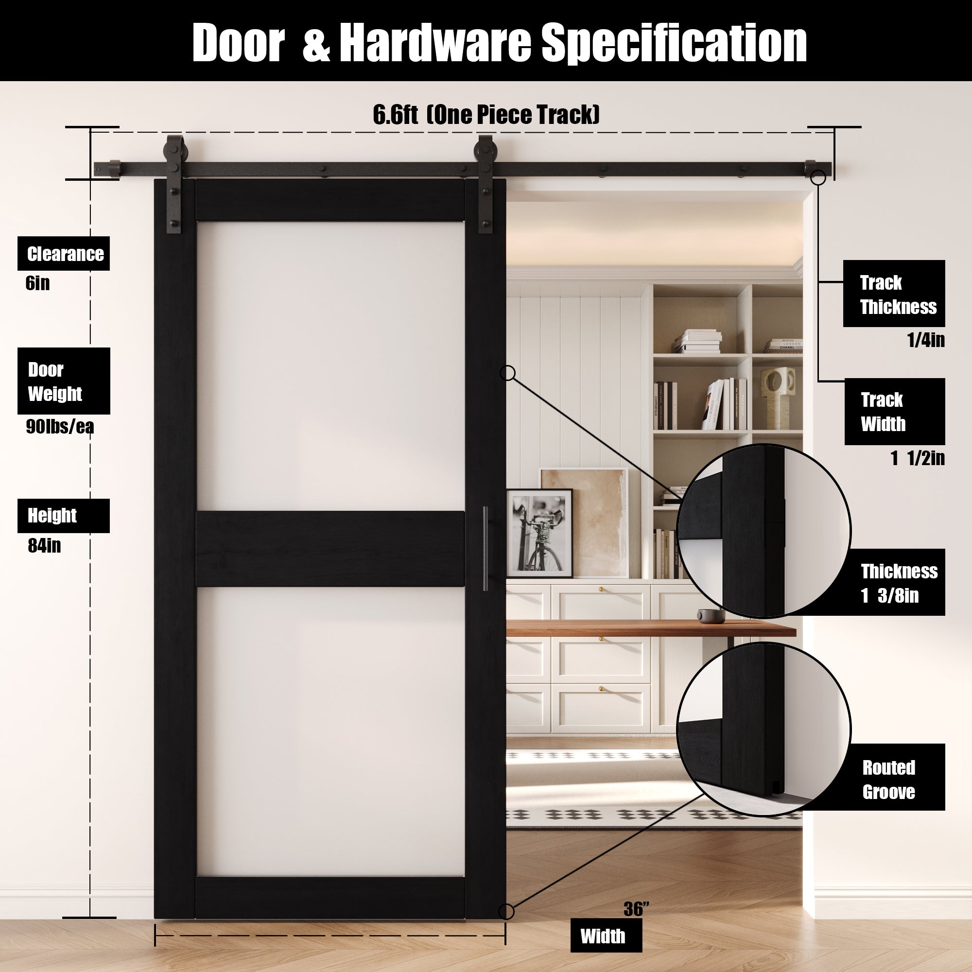 84" Height Black 2-Lite Frosted Glass Unassembled & Finished Pine Wood Barn Door with Non-Bypass Installation Hardware Kit (Interior Use Only)
