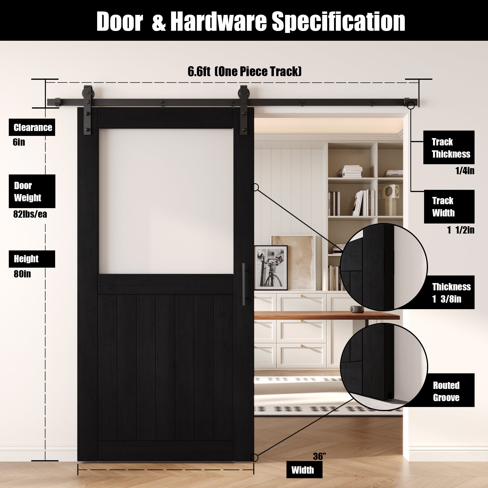 80" Height Black Half Lite Frosted Glass Unassembled & Finished Pine Wood Barn Door with Non-Bypass Installation Hardware Kit (Interior Use Only)