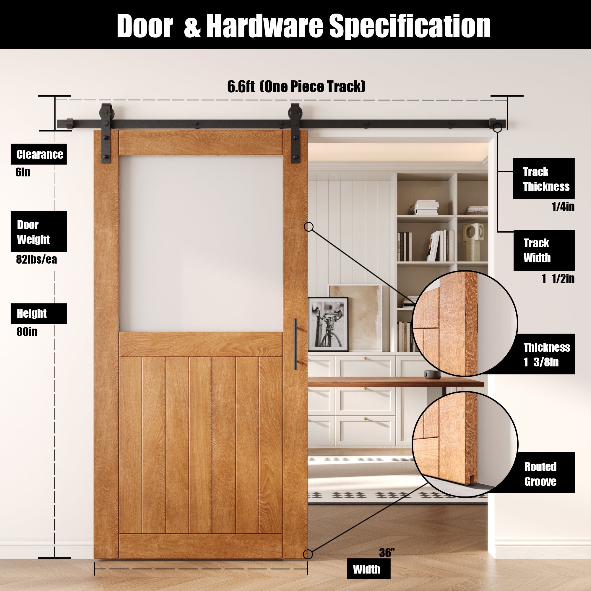 80" Height Early American Half Lite Frosted Glass Unassembled & Finished Pine Wood Barn Door with Non-Bypass Installation Hardware Kit (Interior Use Only)