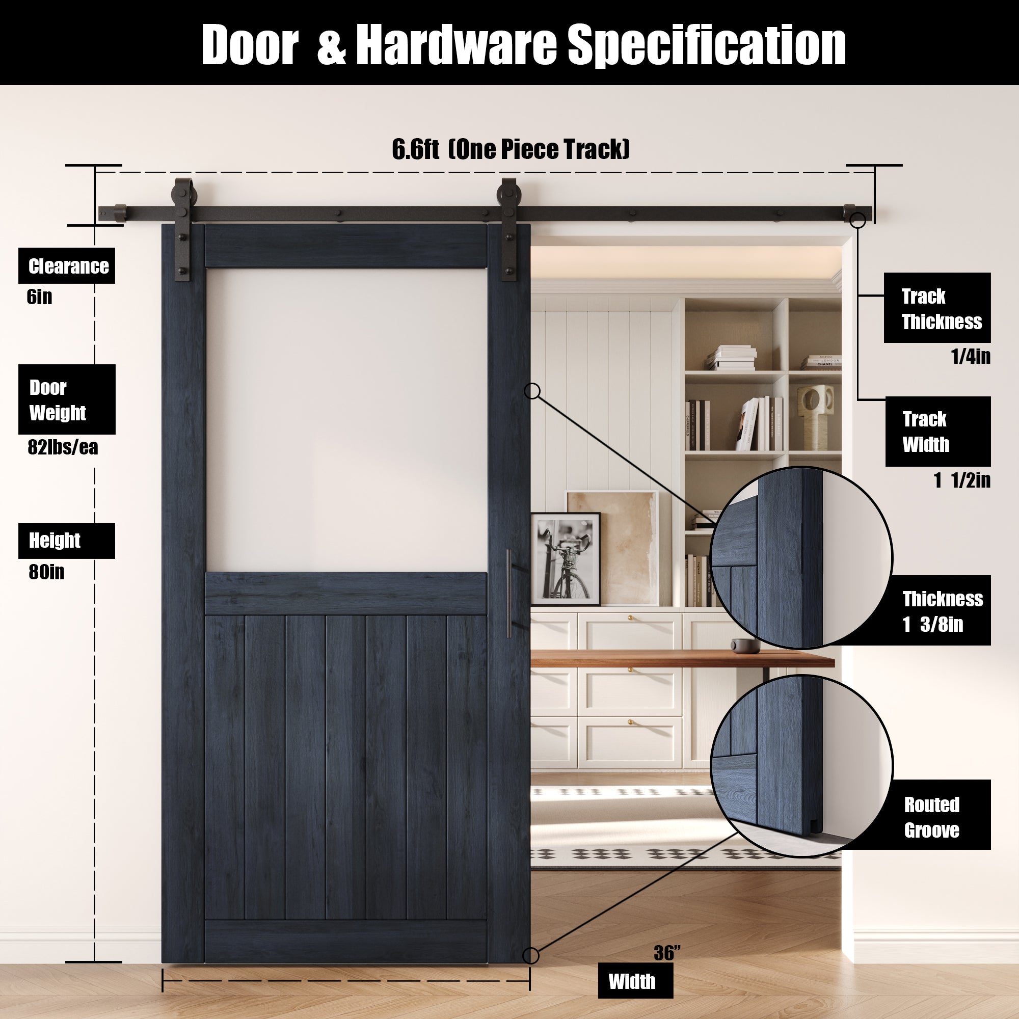 80" Height Navy Half Lite Frosted Glass Unassembled & Finished Pine Wood Barn Door with Non-Bypass Installation Hardware Kit (Interior Use Only)
