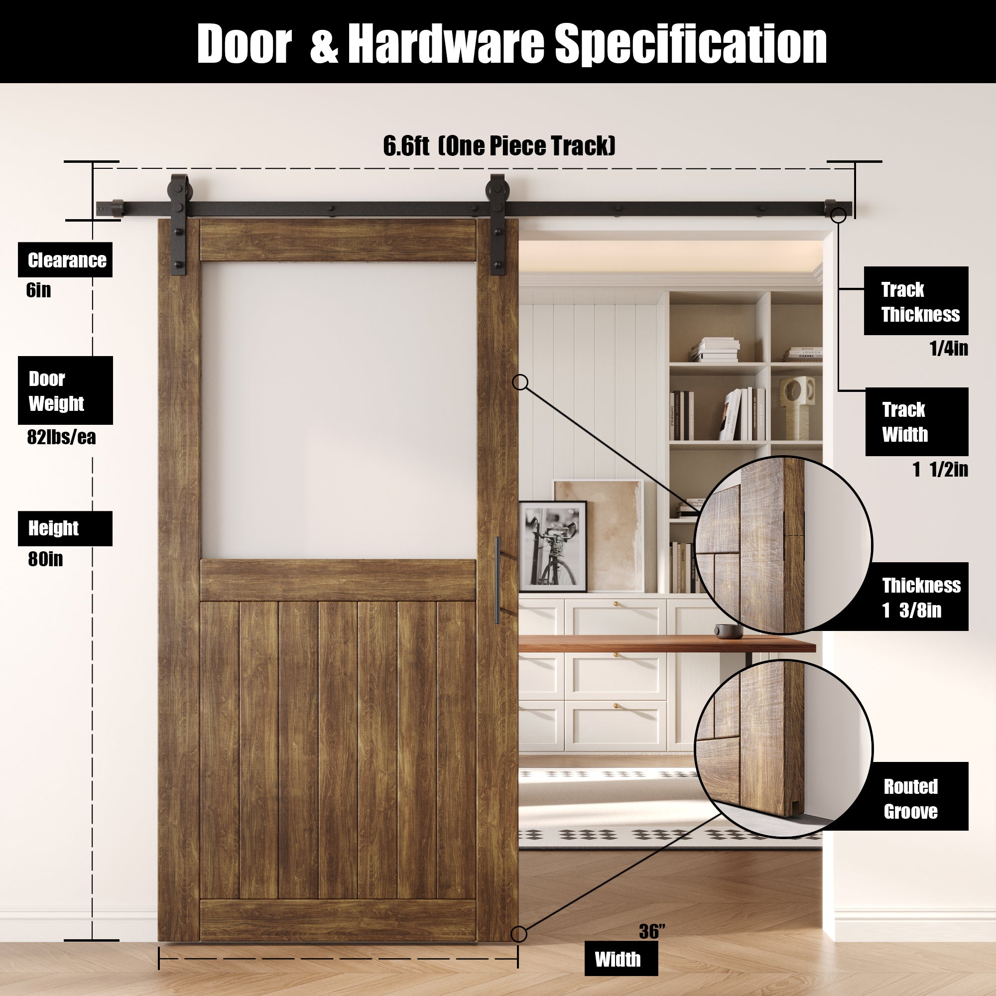 80" Height Dark Walnut Half Lite Frosted Glass Unassembled & Finished Pine Wood Barn Door with Non-Bypass Installation Hardware Kit (Interior Use Only)