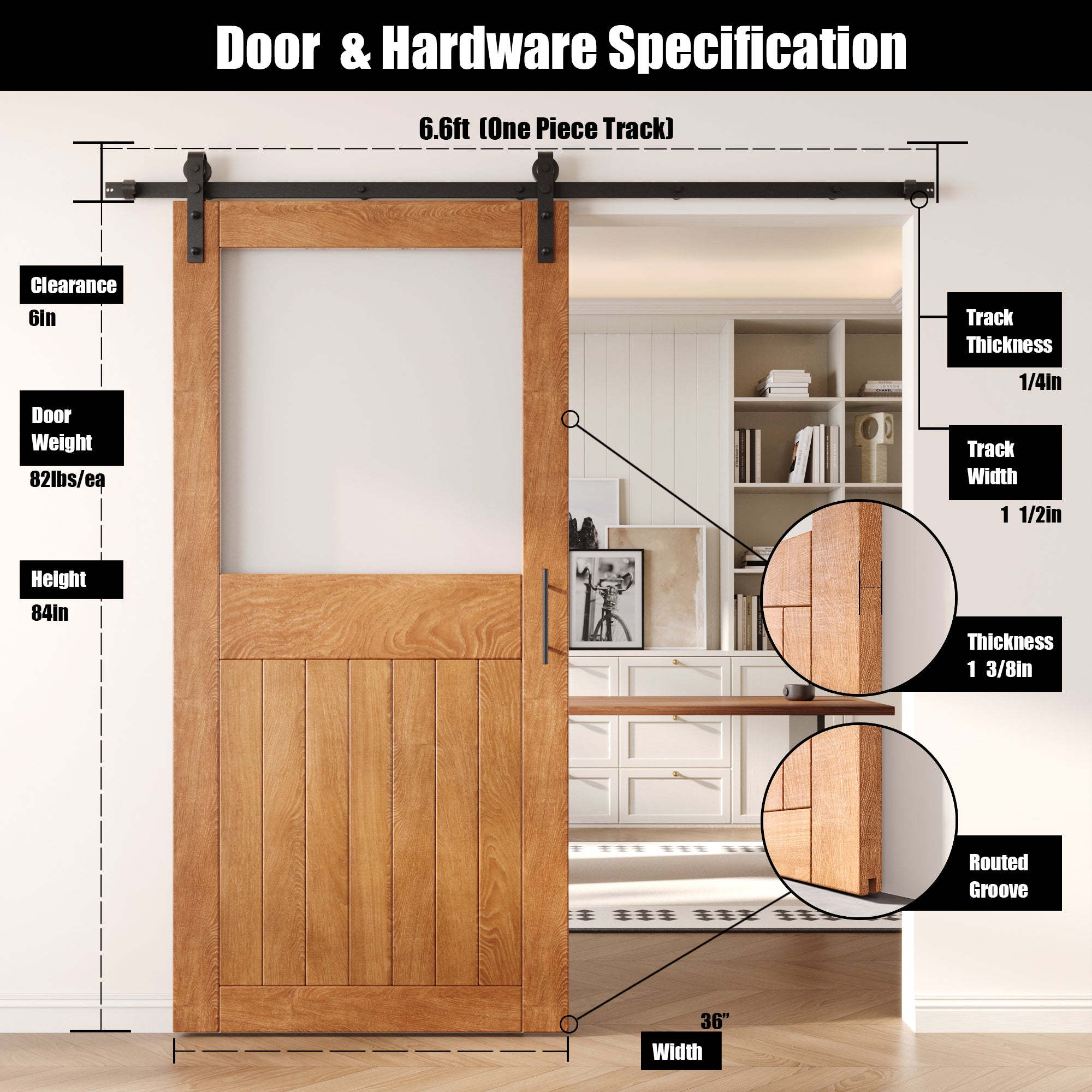 84" Height Early American Half Lite Frosted Glass Unassembled & Finished Pine Wood Barn Door with Non-Bypass Installation Hardware Kit (Interior Use Only)