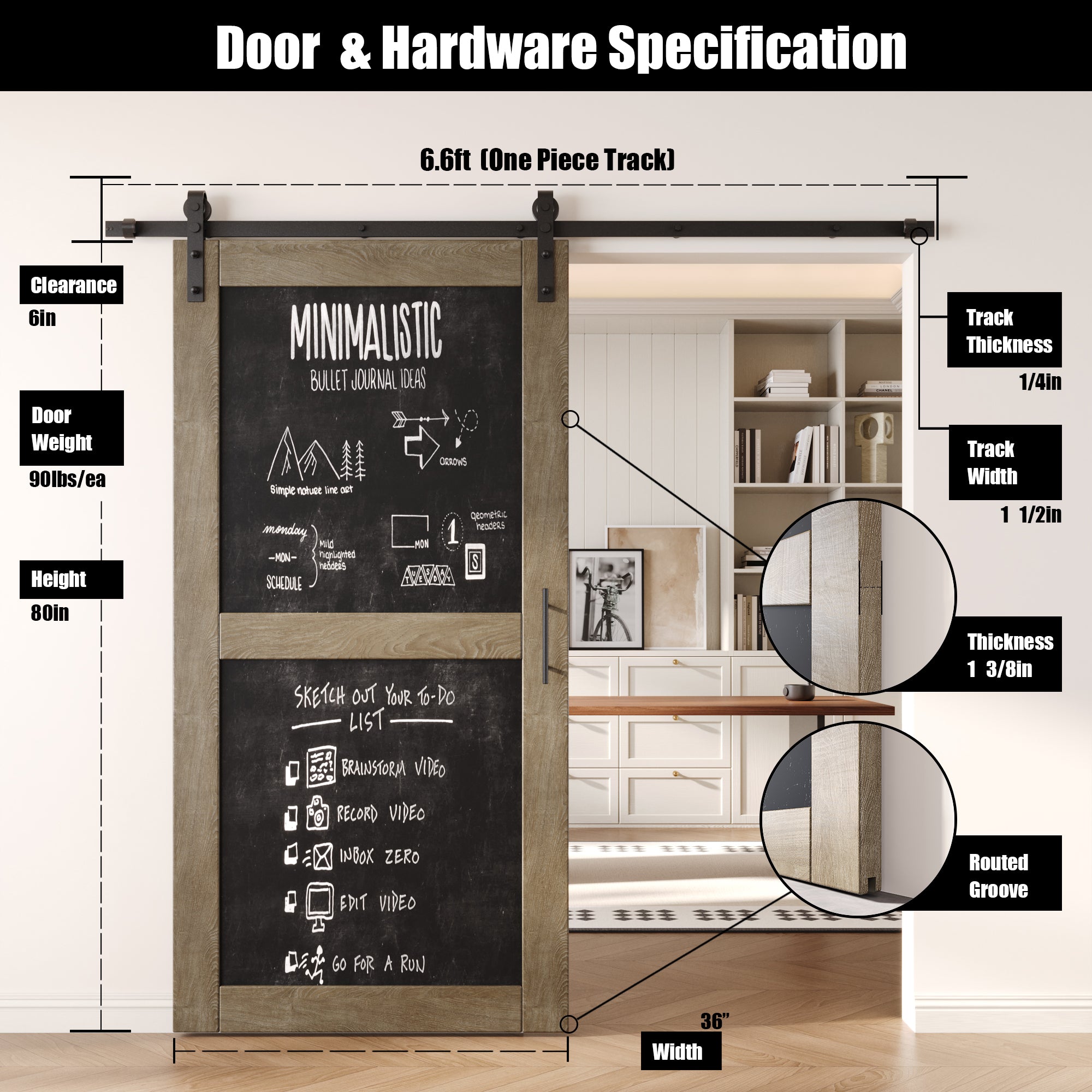 80" Height Classic Gray Chalkboard Design Unassembled & Finished Pine Wood Barn Door with Non-Bypass Installation Hardware Kit (Interior Use Only)