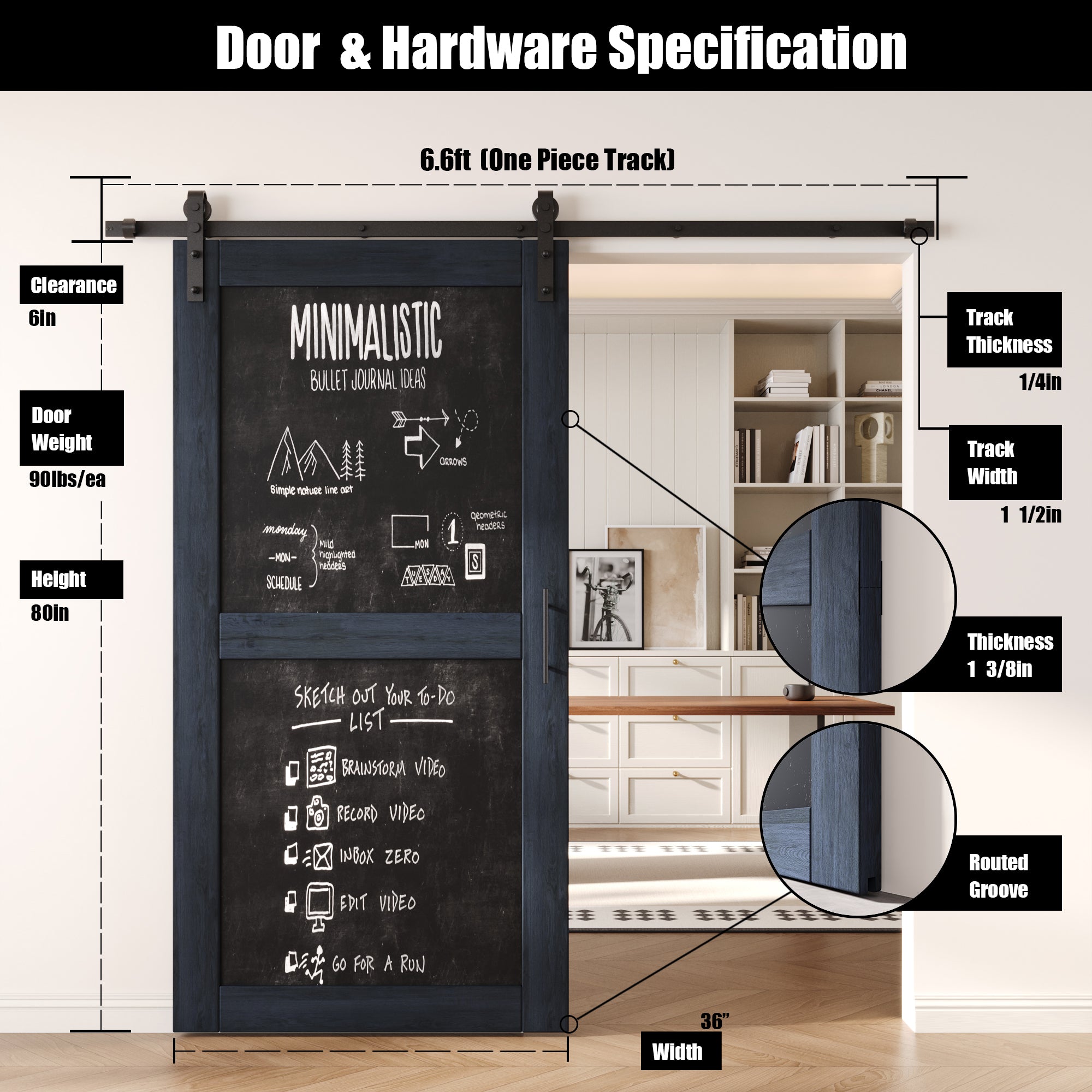 80" Height Navy Chalkboard Design Unassembled & Finished Pine Wood Barn Door with Non-Bypass Installation Hardware Kit (Interior Use Only)