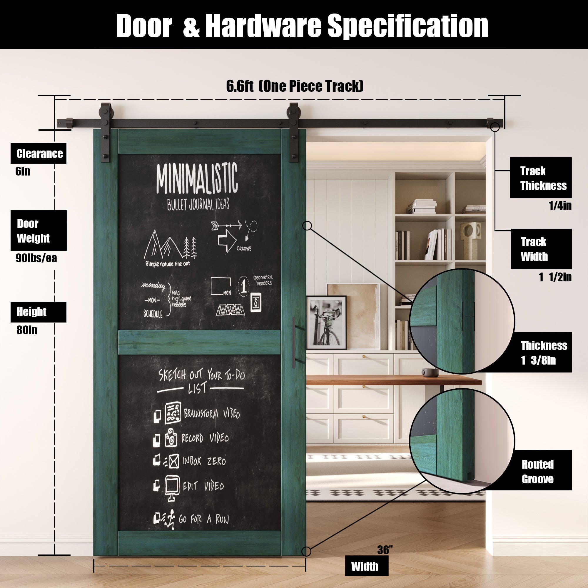 80" Height Royal Pine Chalkboard Design Unassembled & Finished Pine Wood Barn Door with Non-Bypass Installation Hardware Kit (Interior Use Only)