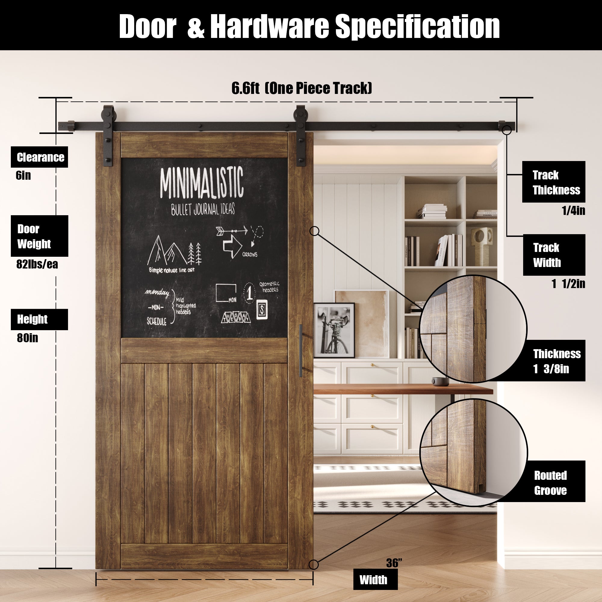 80" Height Dark Walnut Top Chalkboard Panel Unassembled & Finished Pine Wood Barn Door with Non-Bypass Installation Hardware Kit (Interior Use Only)
