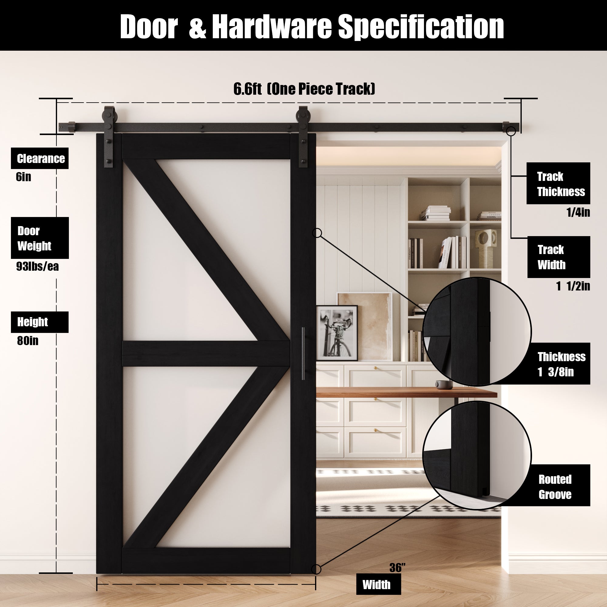 80" Height Black Arrow Pattern Glass Unassembled & Finished Pine Wood Barn Door with Non-Bypass Installation Hardware Kit (Interior Use Only)