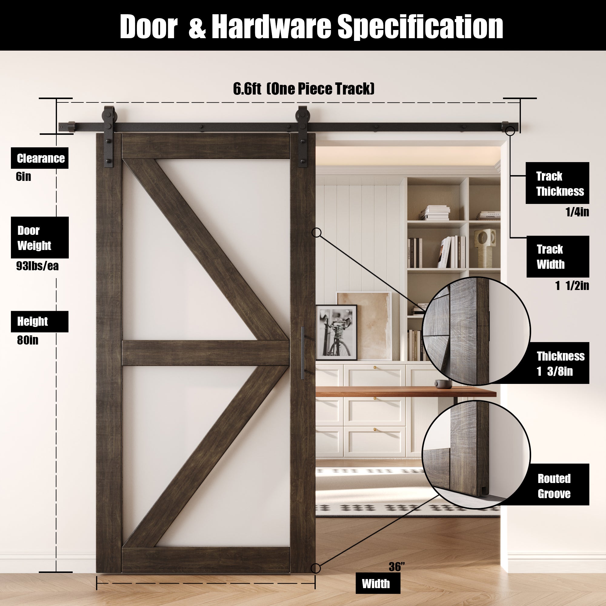 80" Height Ebony Arrow Pattern Glass Unassembled & Finished Pine Wood Barn Door with Non-Bypass Installation Hardware Kit (Interior Use Only)