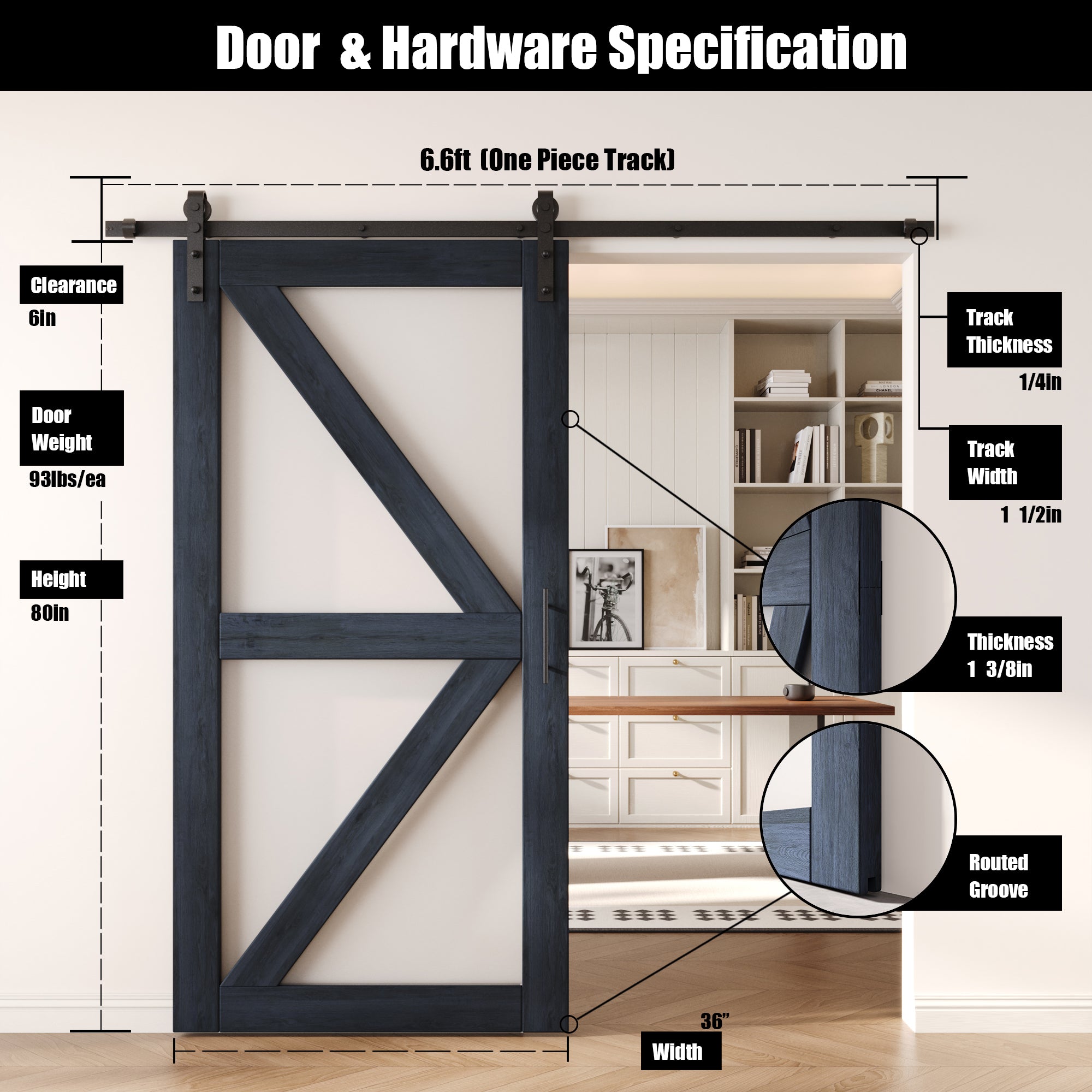 80" Height Navy Arrow Pattern Glass Unassembled & Finished Pine Wood Barn Door with Non-Bypass Installation Hardware Kit (Interior Use Only)