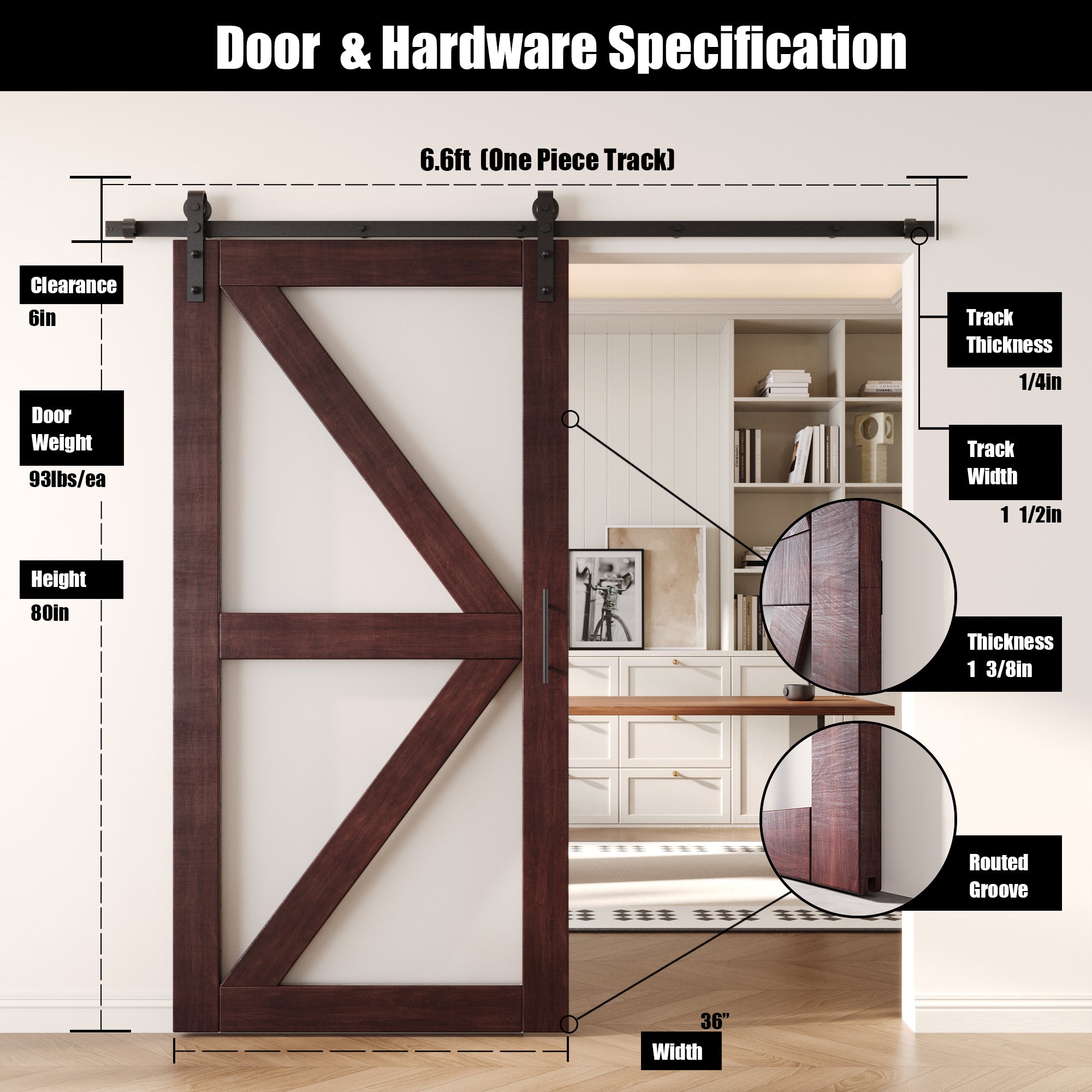 80" Height Red Mahogany Arrow Pattern Glass Design Unassembled & Finished Pine Wood Barn Door with Non-Bypass Installation Hardware Kit (Interior Use Only)